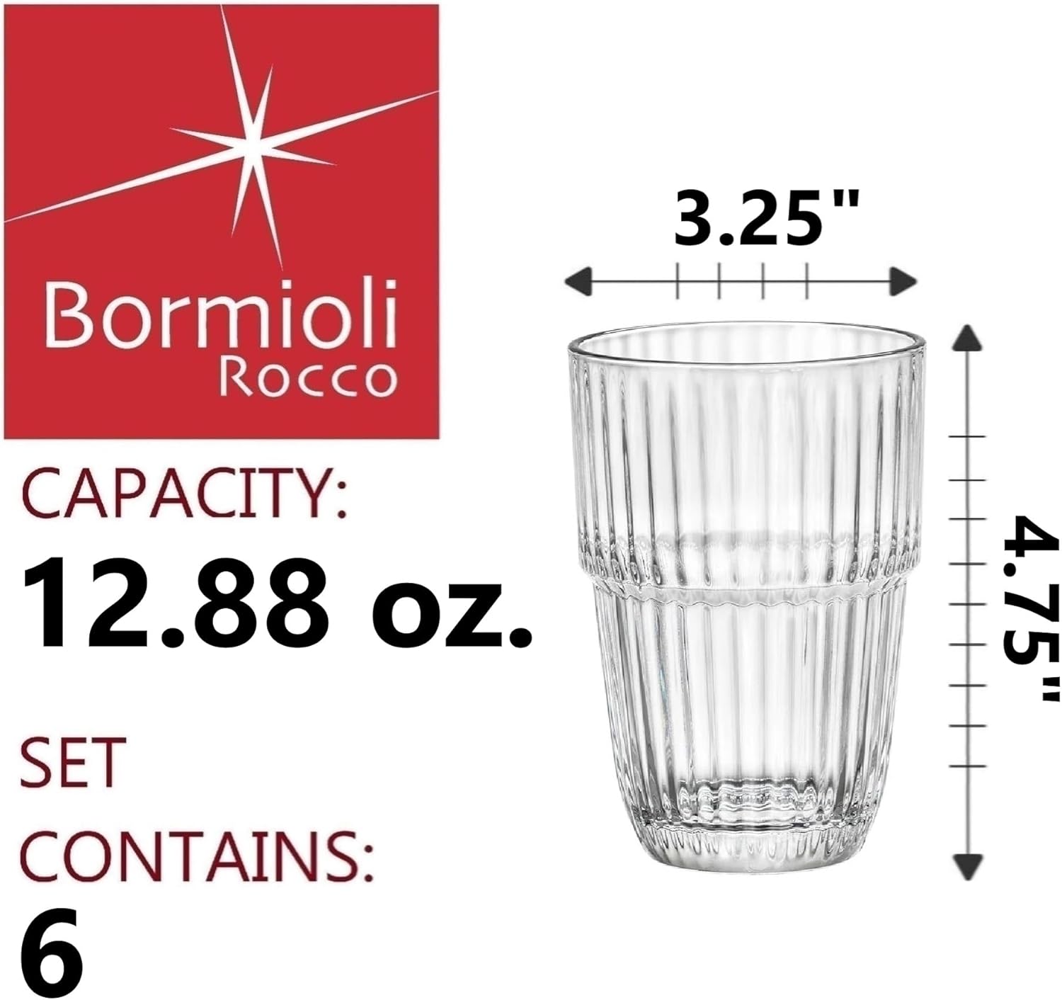 Bormioli Rocco Barshine 12.88 oz. Long Drink Stackable Tempered Drinking Glasses, Set of 6, Clear