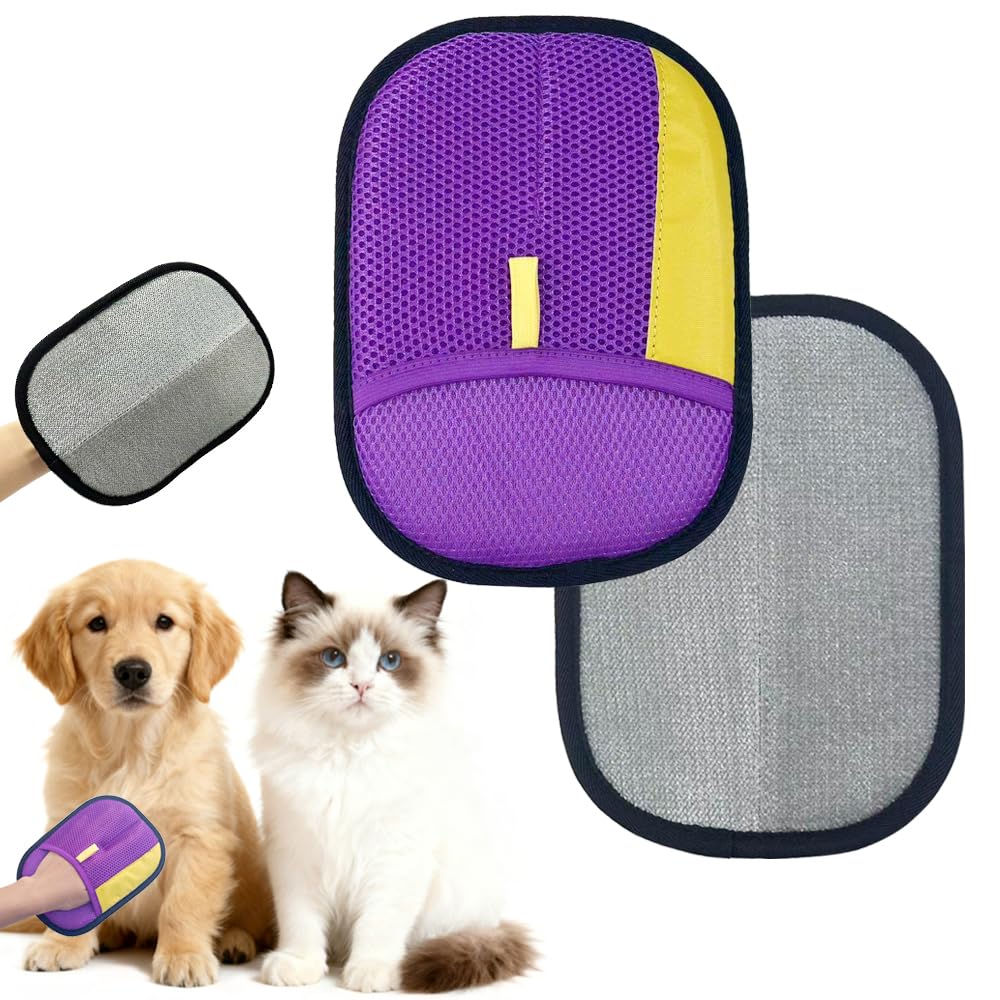 Pet Gloves Efficient Hair Removal: Upgraded Electrostatic Remover Tool Cats & Dogs - Reusable Washable Soft Breathable Material Fur Grooming - Dual Directional Bristles for Furniture Car Seat (Purple)