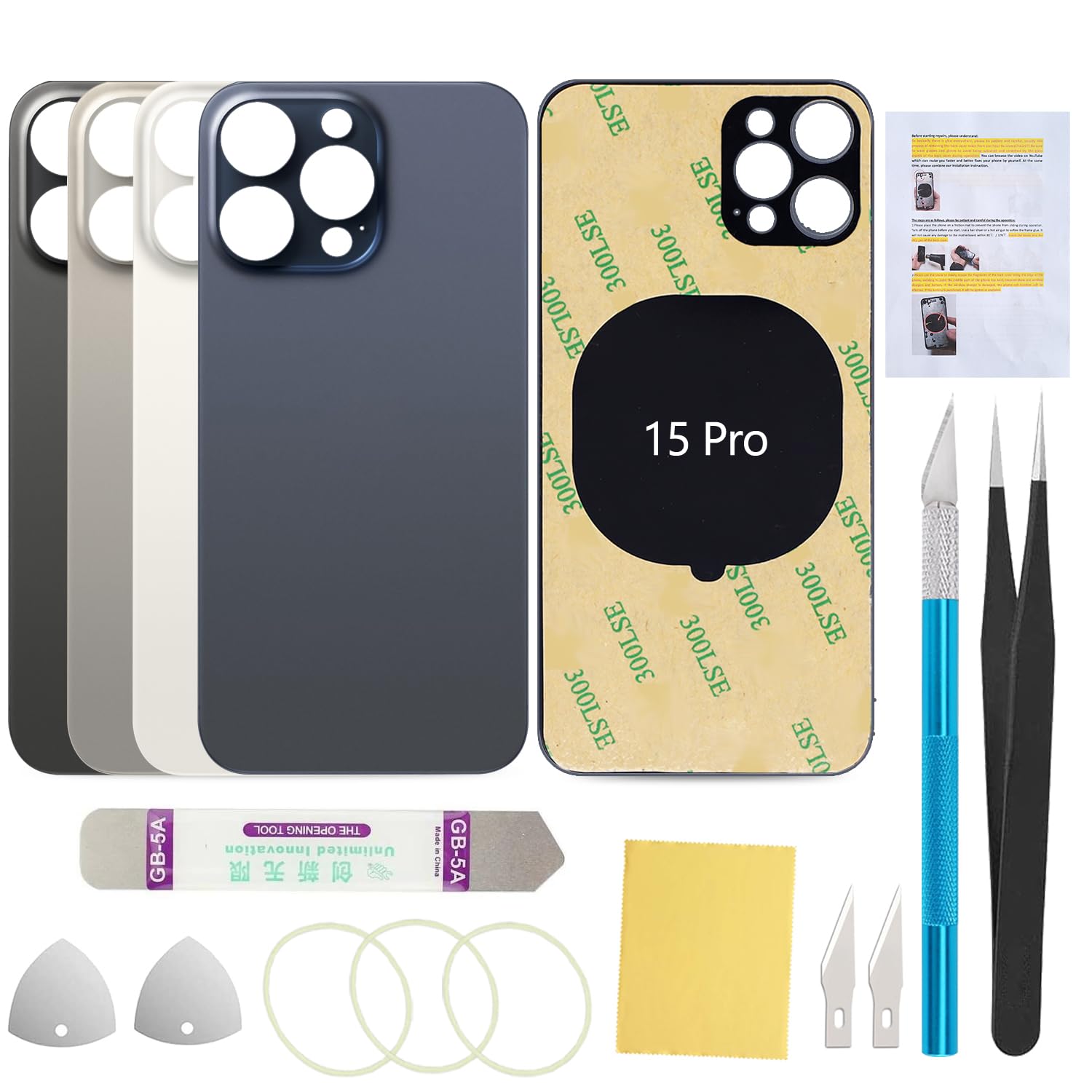 Back Screen Glass Cover Replacement Compatible with iPhone 15 Pro 6.1-Inches All Carriers with Installation Manual + Repair Tool Kit (Blue Titanium)
