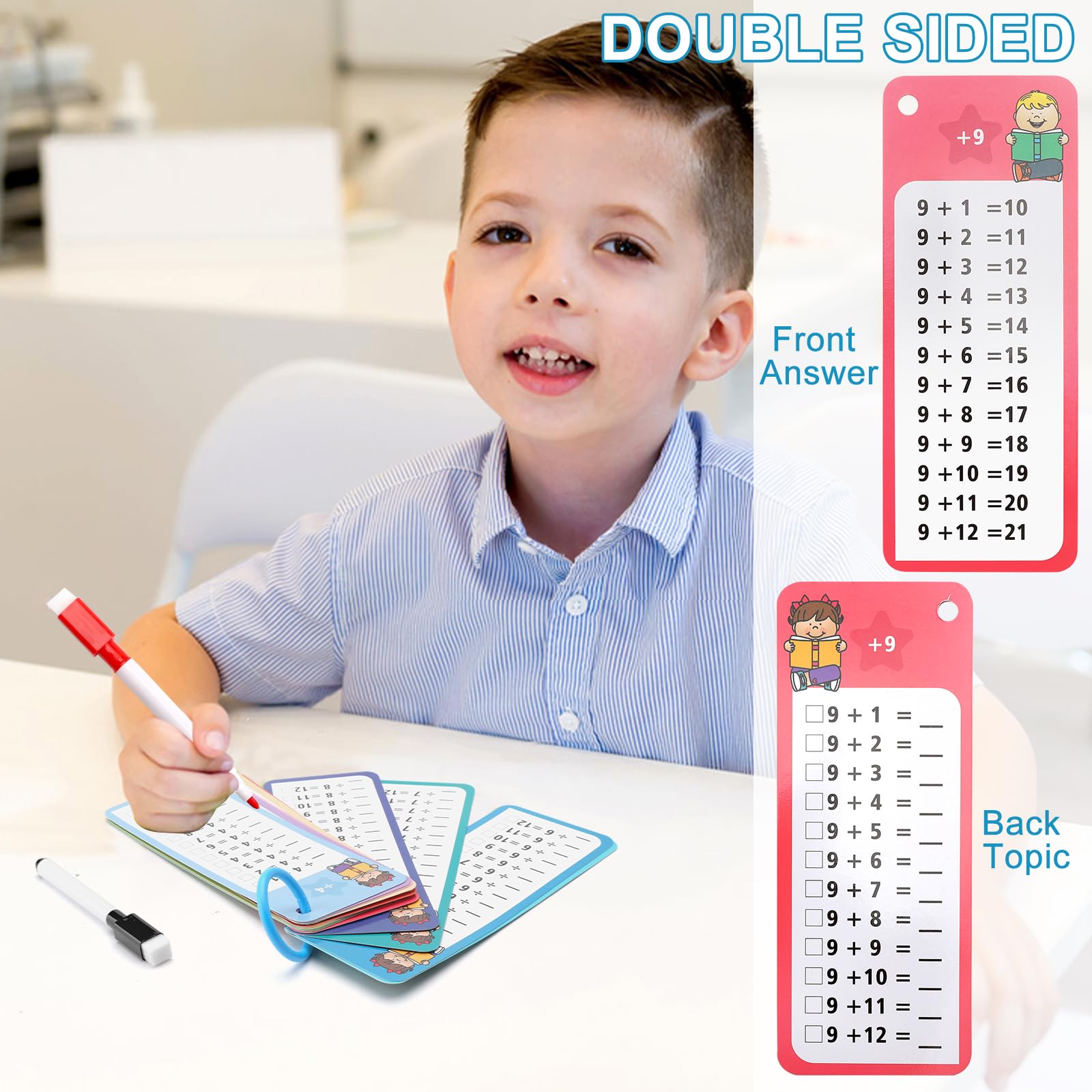 APOMOONS 4 Livres Cartes d'apprentissage avec 8 Feutres Effaçables, Table de Multiplication, Mathématiques pour Apprendre L'addition Soustraction Multiplication et Division