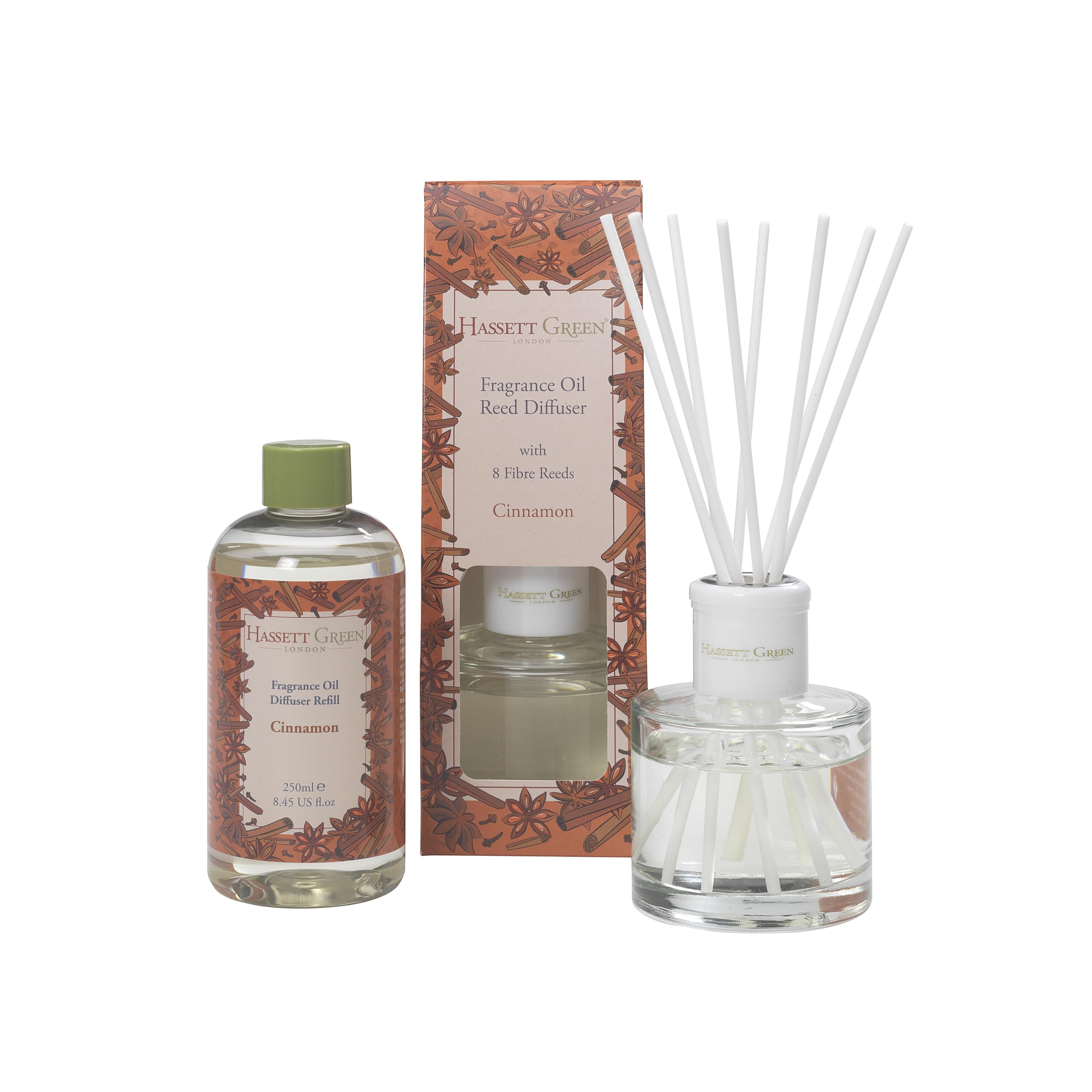 Hassett Green London - Cinnamon Reed Diffuser & Refill Set - 100ml Glass Diffuser with 8 Fibre Reed Sticks + 250ml Fragrance Oil Refill