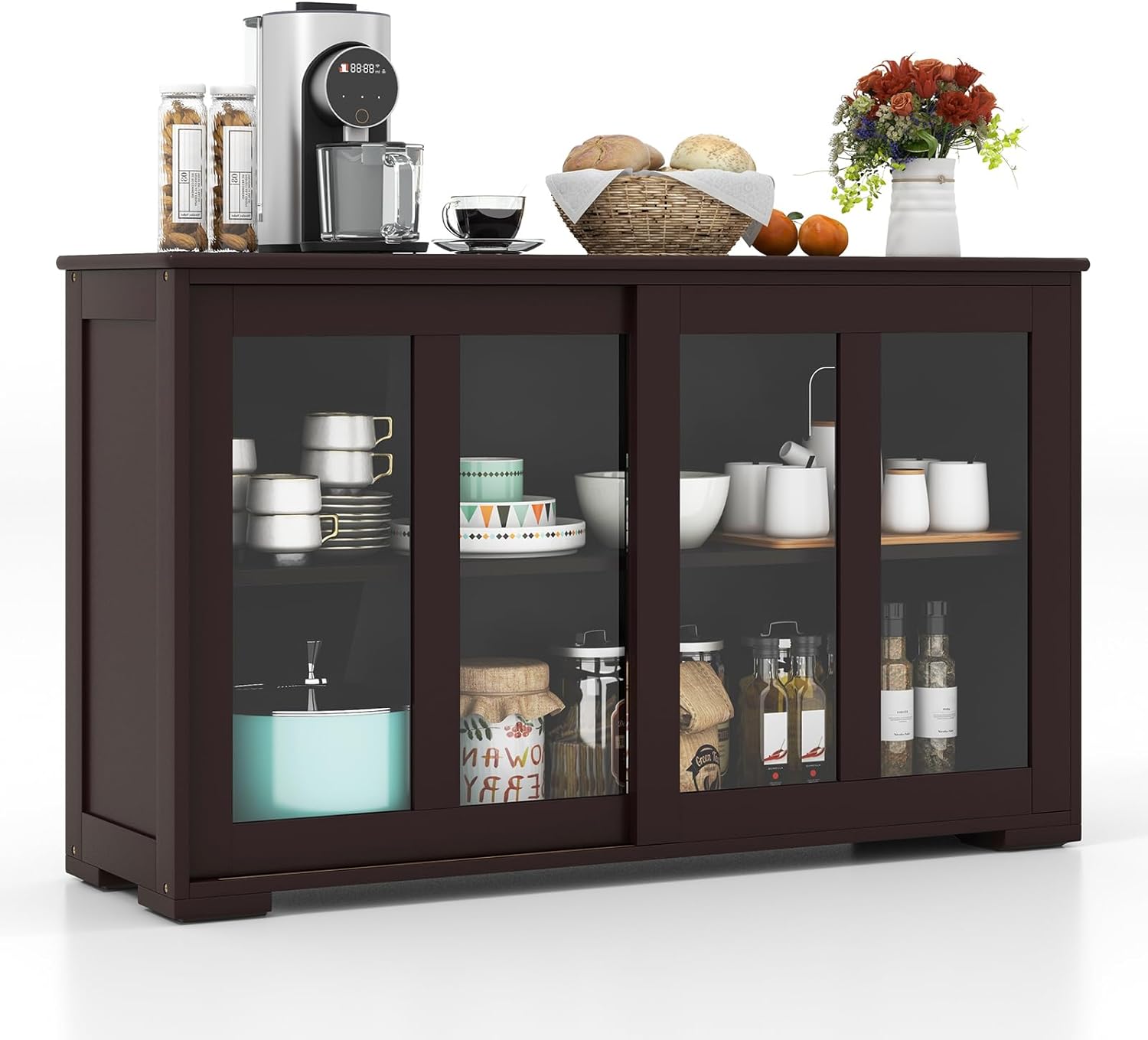COSTWAY 42" Buffet Sideboard with Sliding Tempered Glass Doors, Adjustable Shelf & Stackable Design for Kitchen Entryway Storage (Brown)