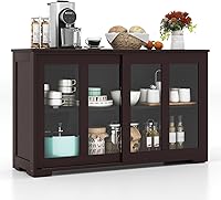 COSTWAY 42" Buffet Sideboard with Sliding Tempered Glass Doors, Adjustable Shelf & Stackable Design for Kitchen Entryway Storage (Brown)