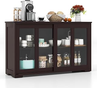 COSTWAY 42in Buffet Sideboard with Sliding Tempered Glass Doors, Adjustable Shelf, Stackable Storage Cabinet for Kitchen Entryway Brown