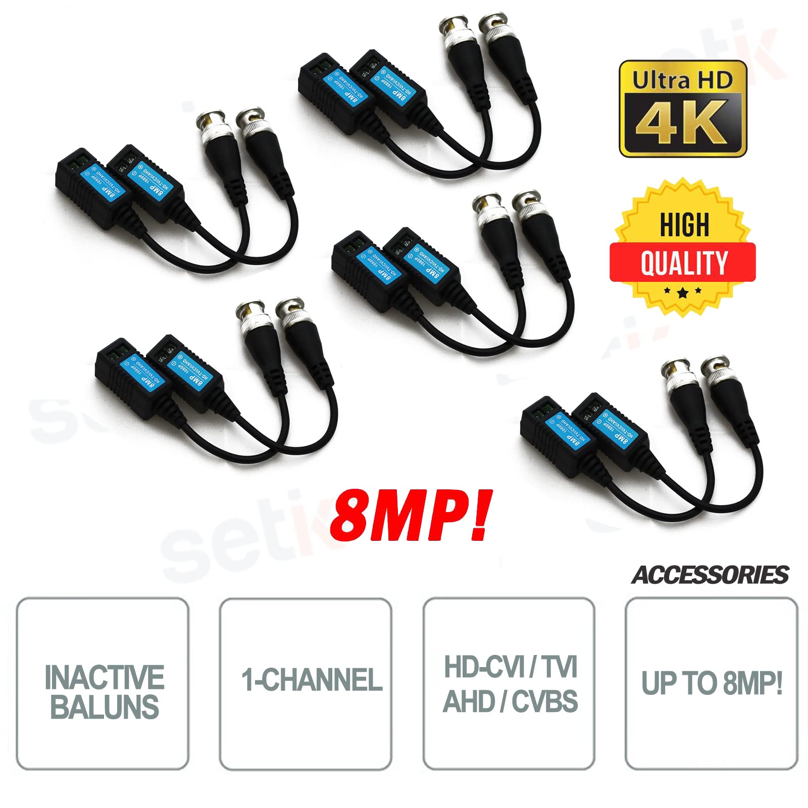 Setik - Cinque Coppie di Video Balun Passivi AHD/CVI/TVI/CVBS fino a 4K 8Megapixel - Setik - 5XBALUNHD