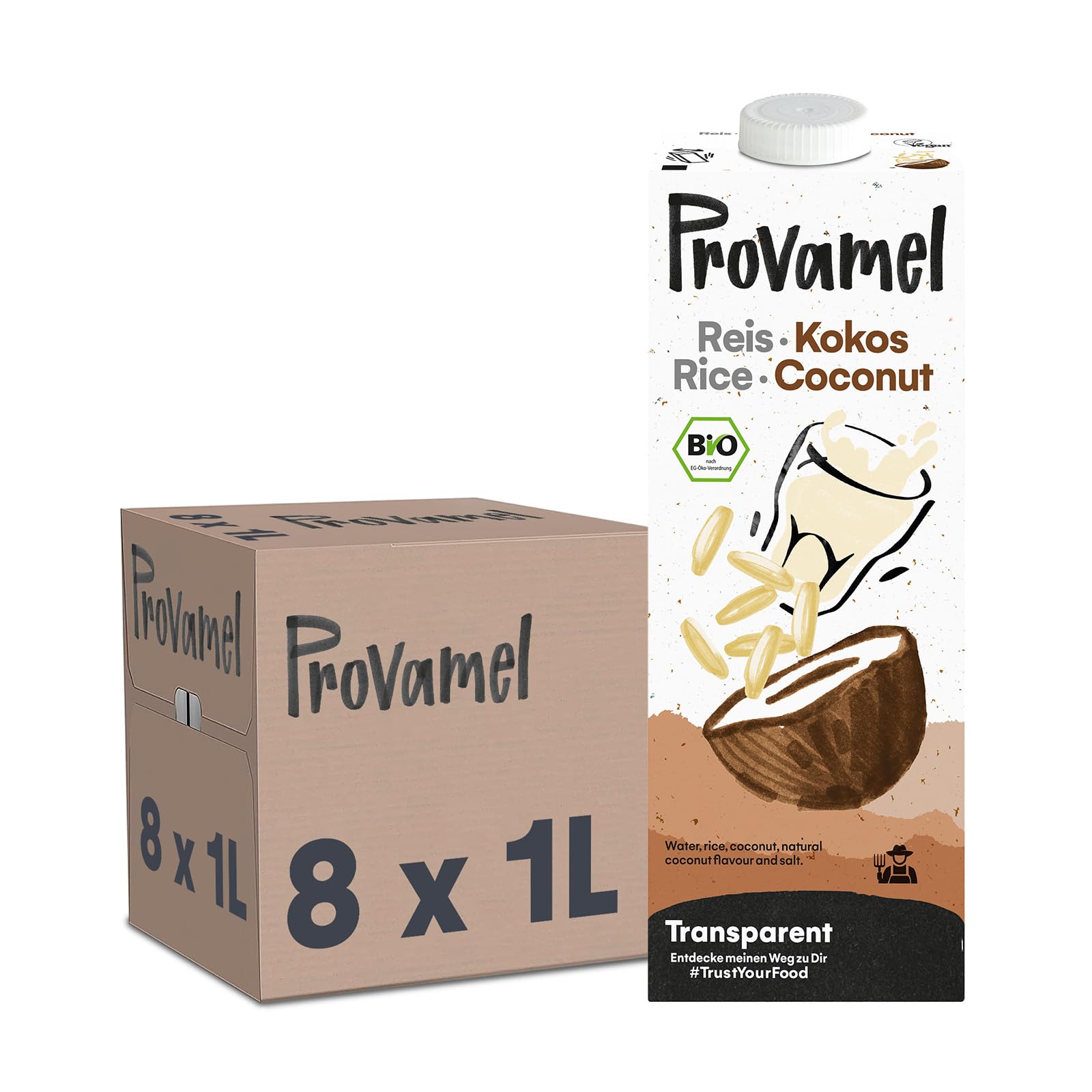Provamel Organic Bio-Reiskosnussdrink, Pflanzlicher Drink, Vegan, Laktosefrei, Glutenfrei, UHT, 8x1 l (8er Pack)