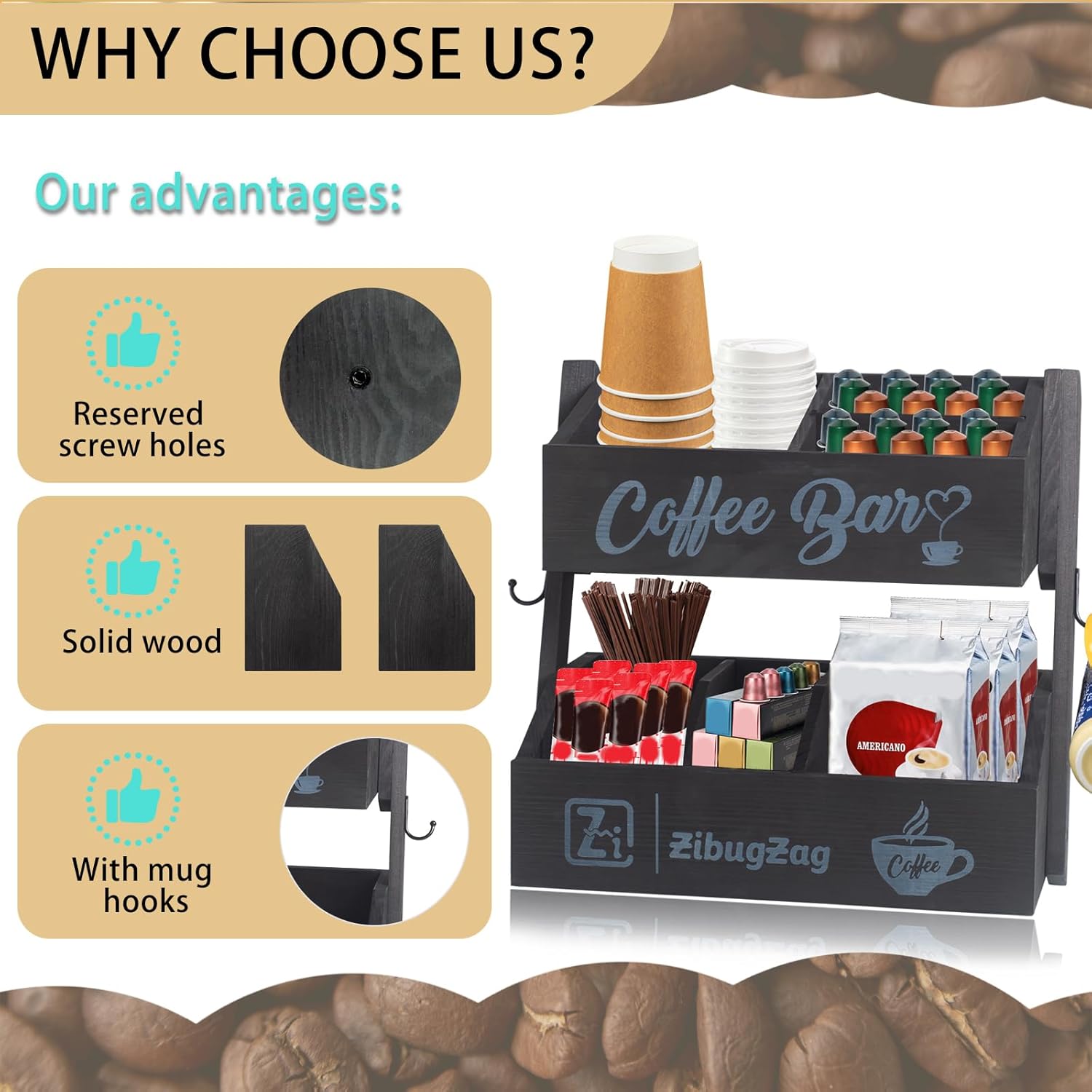 2-Tier Coffee Bar Organizer for Countertop, Wooden coffee station organizer and Bar Accessories, Coffee Pod & K-Cup Holder, Tea Condiment Storage Rack with Mug Hooks for Home & Office