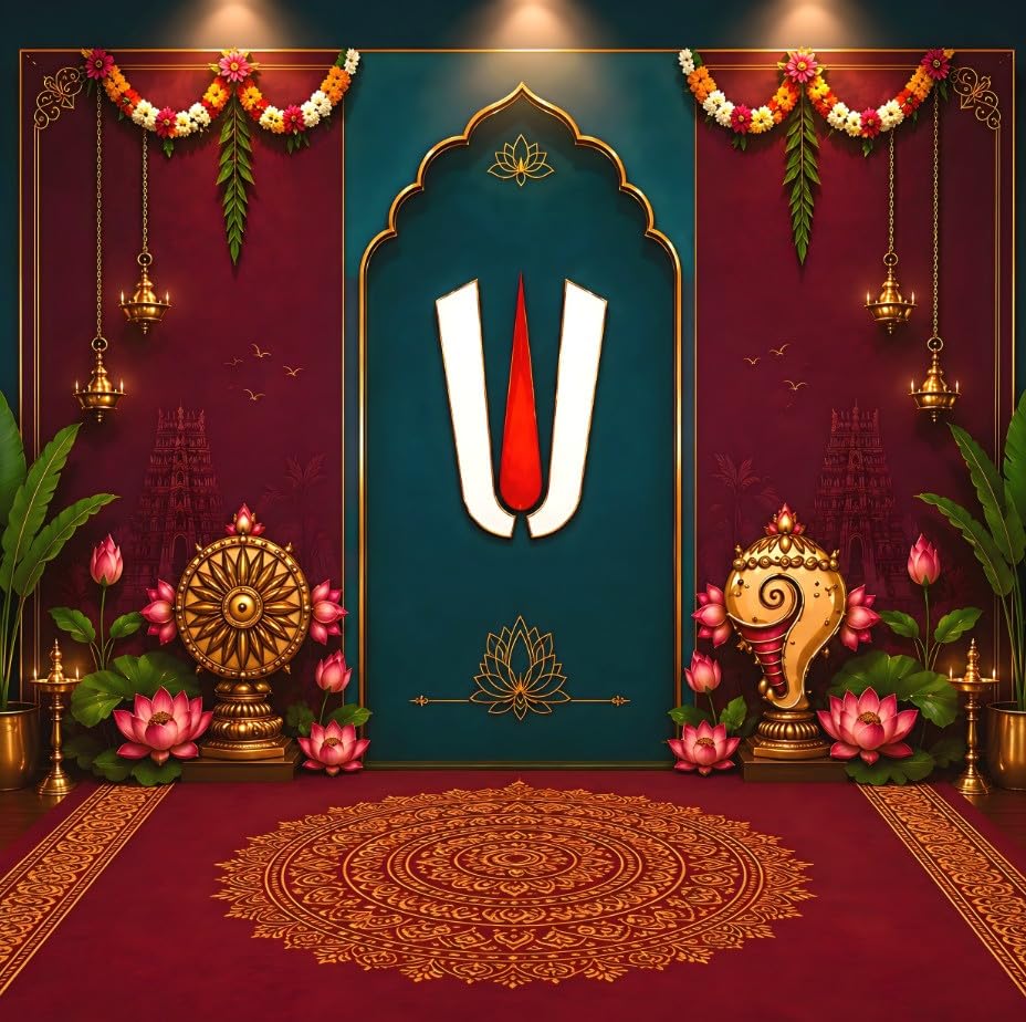 Image of Govinda namalu Backdrop| Tirupati Venkateswara Namam Backdrop with Shanku, Chakra, and Pink Lotuses 8x8 Feet | varamahalakshmi Backdrop