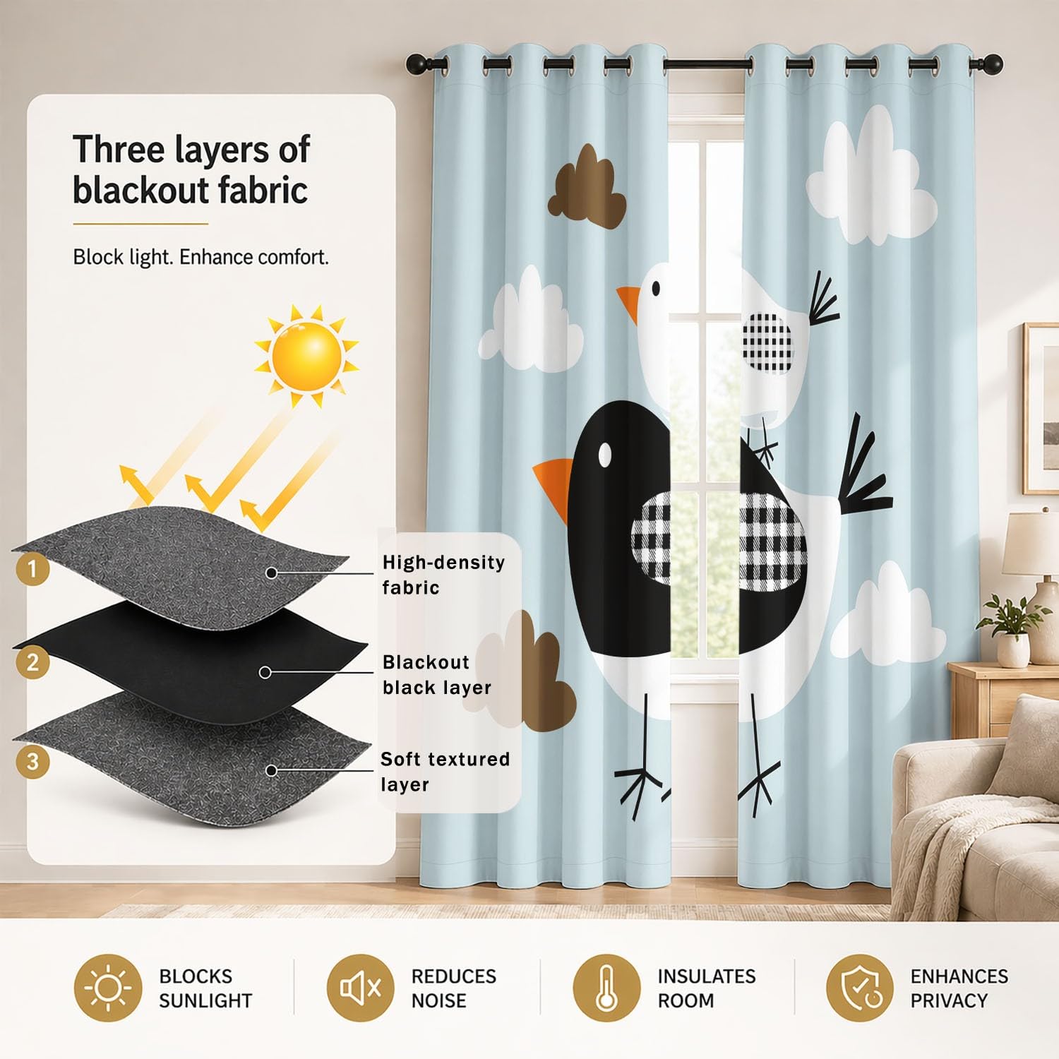 Rideau Occultant Géométrique Minimaliste Lot de 2 L 140 x H 220 cm Oiseaux Carreaux Nuages Rideaux Imprimés en Polyester à Oeillets Isolant Thermique Anti Froid pour Salon et Chambre d'enfant