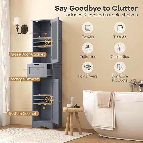 Miniatura 15 de Tangkula Armario de almacenamiento de baño de 67 pulgadas de alto, torre independiente delgada con 2 puertas y 1 cajón, gabinete de piso estrecho