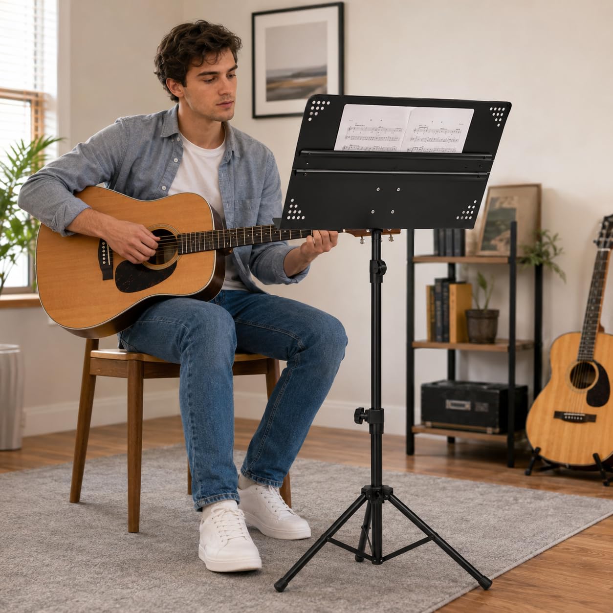 Soporte de música resistente, ajustable de 36.2 a 53.5 pulgadas, soporte para partituras con escritorio giratorio para actuaciones en escenario y estudio