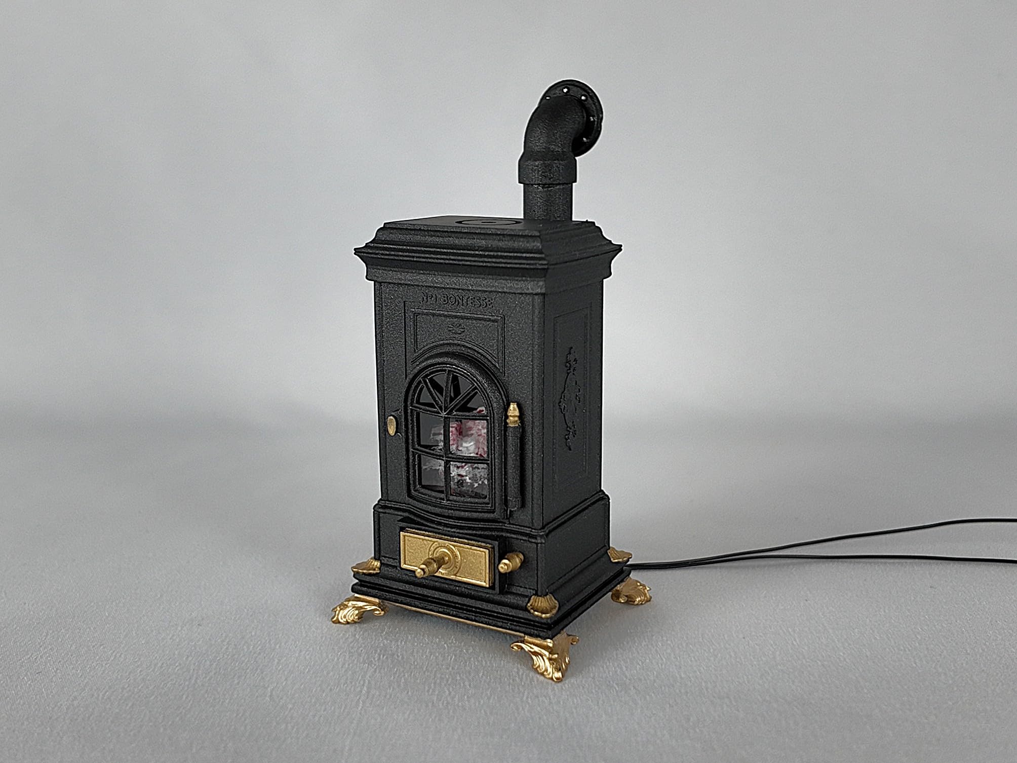 1/12 Scale Miniature Wood Burning Stove, Dollhouse Furniture, Hand Painted Resin, Flickering LED, (12V-wire)