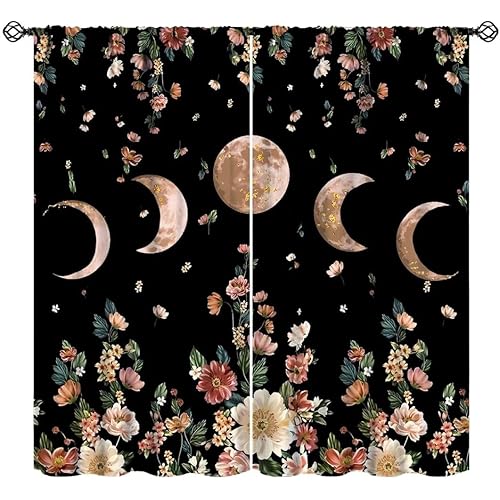 Vintage Flower Moon Curtains, Beige Gold Moon Phases Bohemian Abstract Moonlit Retro Floral Print Window Drapes for Kitchen Girls Bedroom Living Room Cafe, 42" W X 45" L