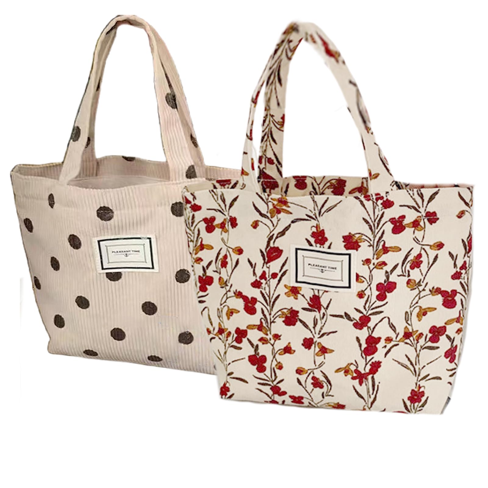 Kovewon 2PCS Corduroy Small Tote Bag for Women Cute Floral Mini Tote Bag Preppy Aesthetic Reusable Bags for Grocery, Essentials, Water Bottle, Keys