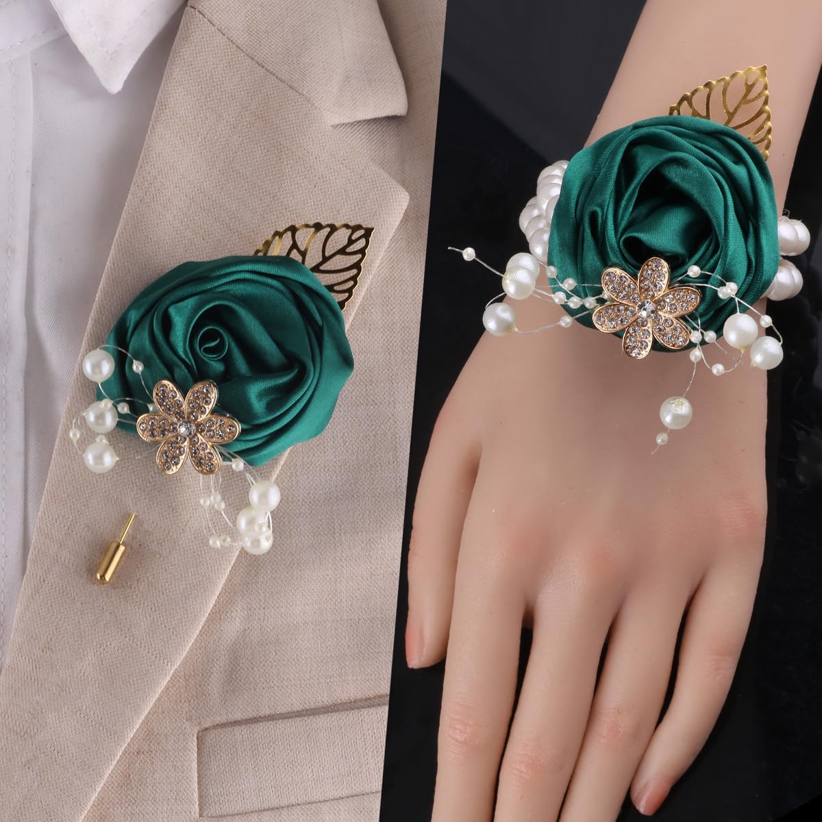Rose Wrist Corsage Men's Boutonniere Set Artificial White Wedding Flower Accessories with Pearls Decoration for Bride and Groom image 3