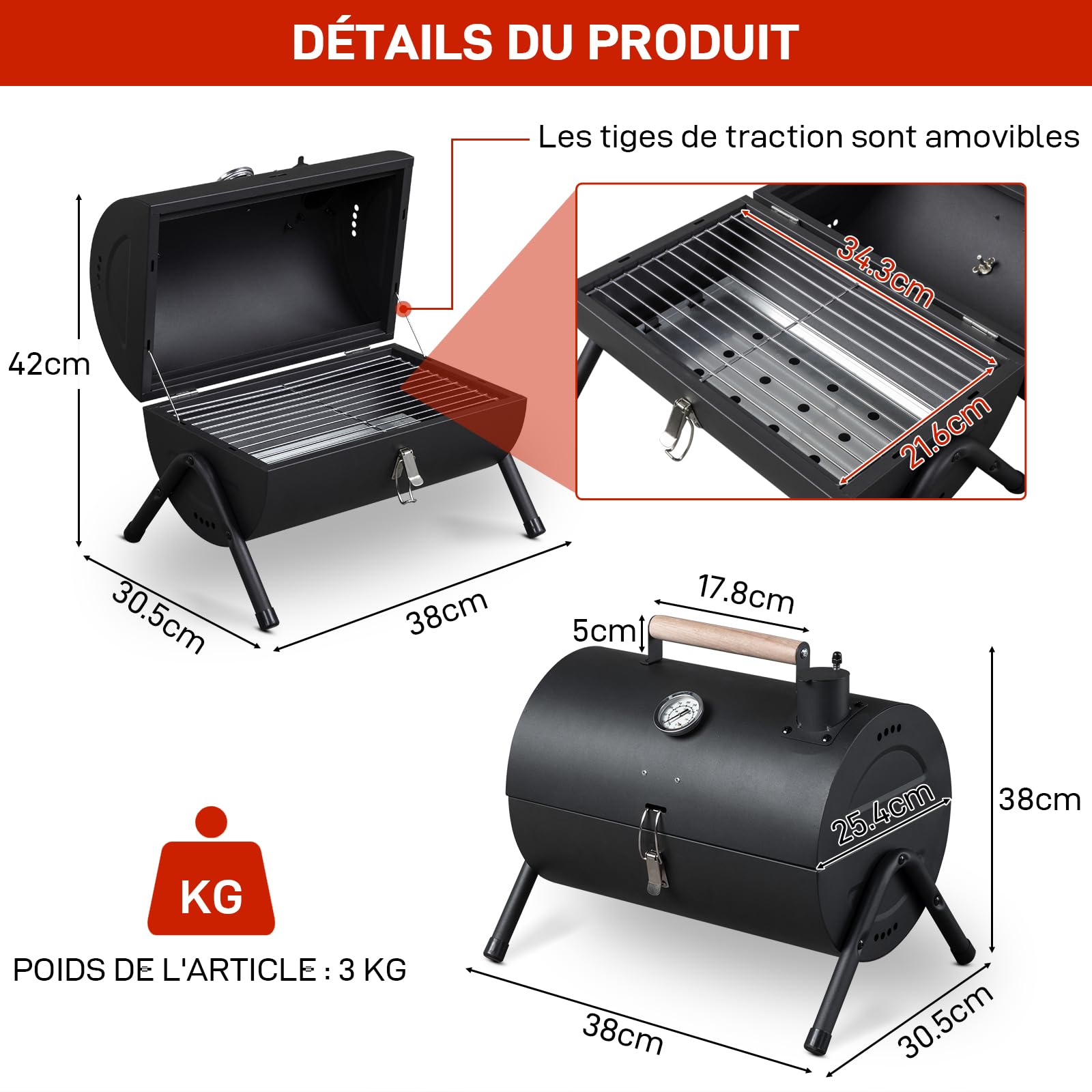 LEADZM Barbacoa de carbón portátil con termómetro y asa de madera, barbacoa compacta de mesa para camping al aire libre y jardín, 34×22 cm