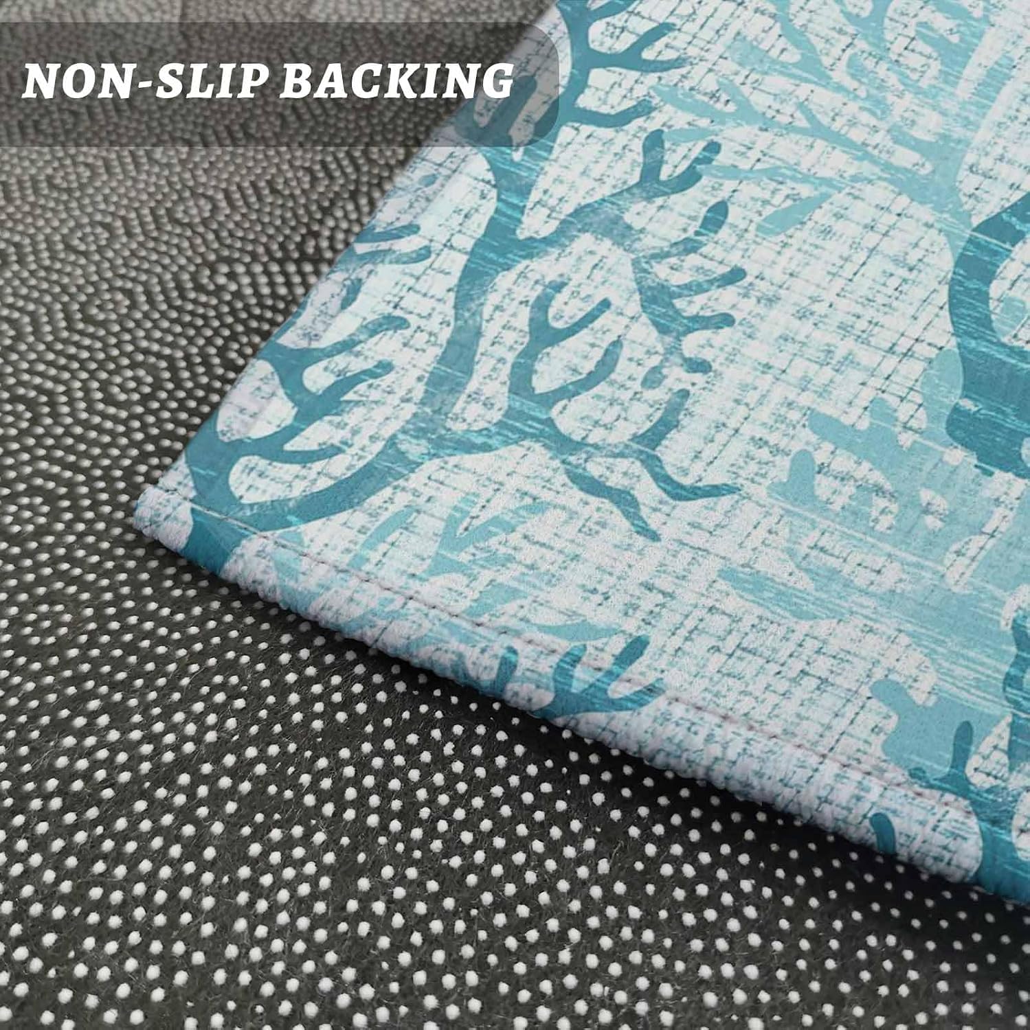 Kitchen Mats for Floor Coastal Teal Coral Seamless Washable Non Slip Kitchen Rugs 2PCS, Marine Creature Linen Texture Absorbent Standing Mats for Sink Office Living Room 15.7x23.6in+15.7x47.2in