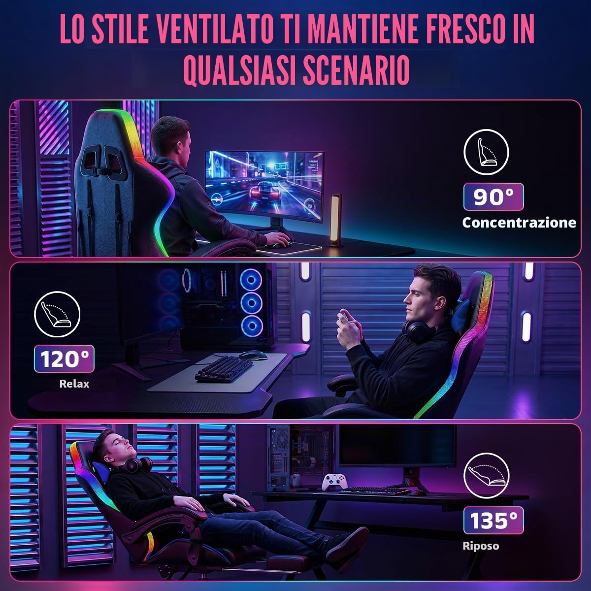 bigzzia Sedia Gaming, Sedia Ergonomica con LED per Videogiochi, Sedia da Gioco con Cuscino Lombare Massaggiante e Poggiatesta per Giocare, Studiare e Lavorare in Ufficio (Blu)
