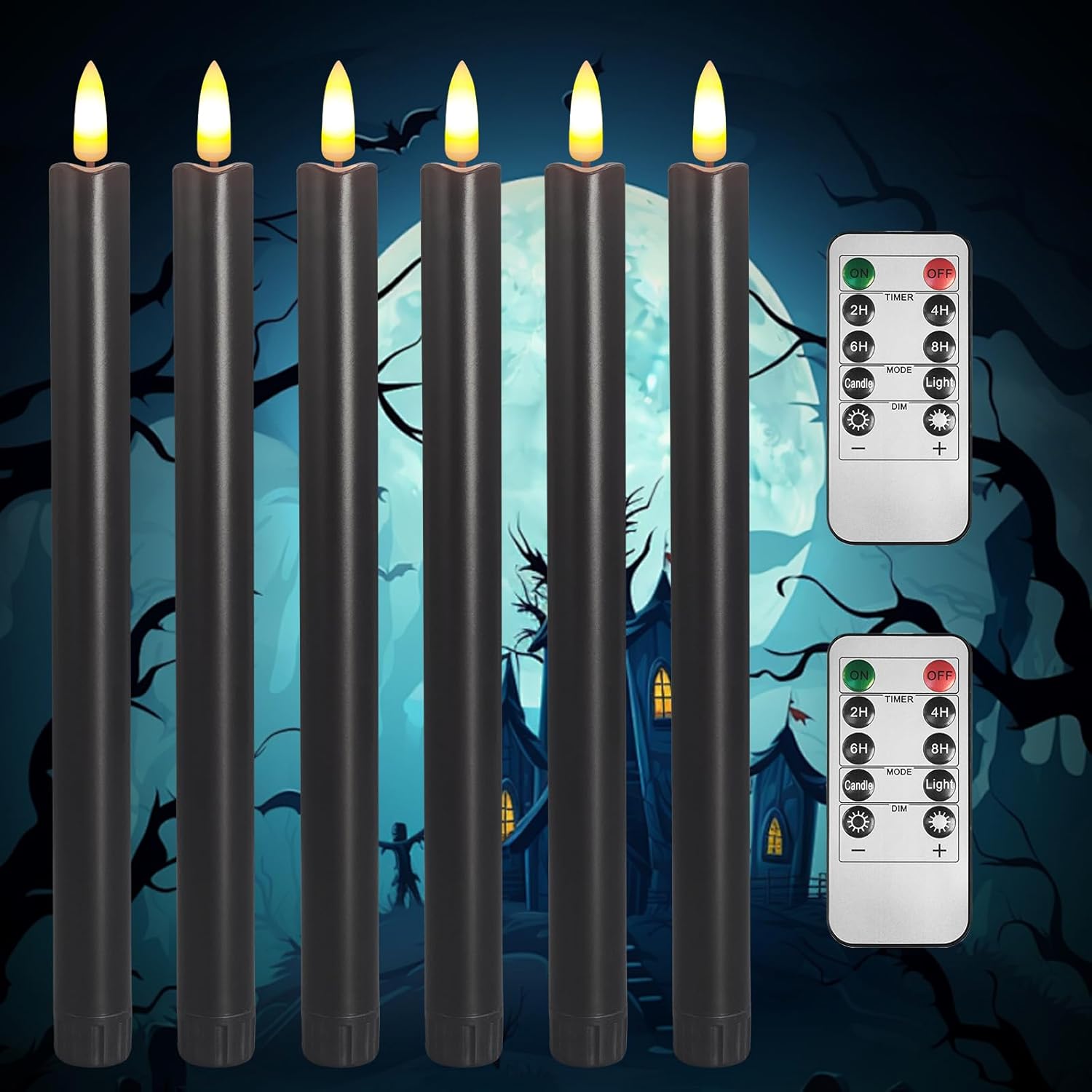 Black Flameless Taper Candles, 6 Pack, 0.78 x 9.9 Inches, Halloween Taper Candles with 2 Remotes, Spooky Gothic Decor for Haunted House, Party, Horror Theme Decorations