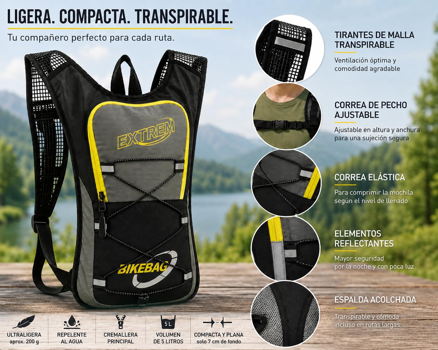 BAG STREET Mochila Bicicleta Ultraligera 230 g – Mochila Trekking y Senderismo con Correa de Pecho Ajustable – 5 Litros
