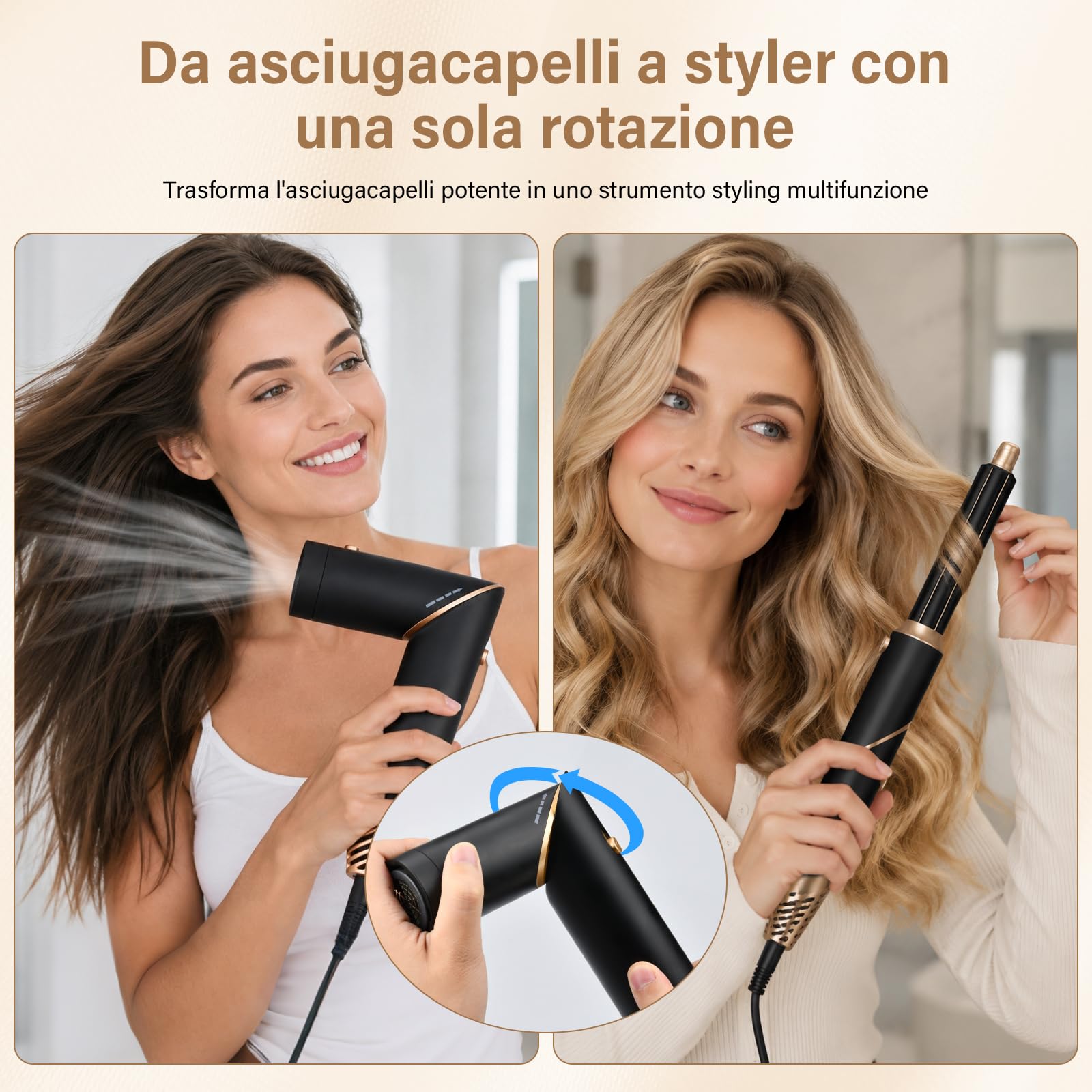 Air Styler 6 in 1 Styler Capelli, Spazzola Asciugacapelli, Spazzola ad Aria Calda, Arricciacapelli Automatico, Lisciante, Volumizzante e Diffusore per Ricci, Lisci, Volume | Set di spazzole per acconciatura
