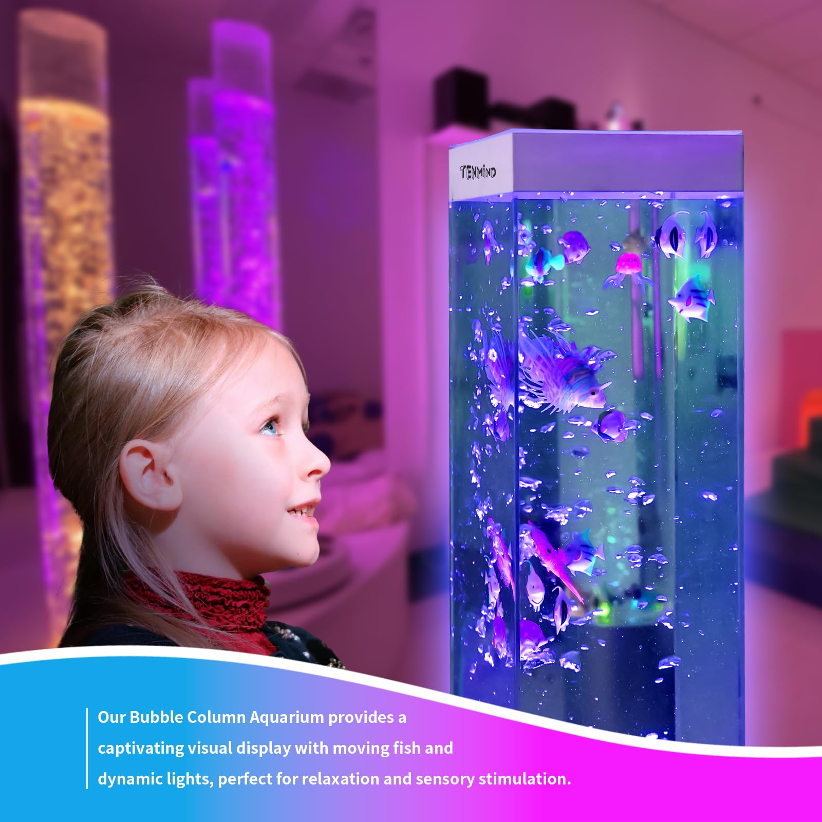 Tenmind Customizable Soothing Bubble Fish Tank with Remote Control – Sensory-Friendly Water Column Light on Stable White Wooden Base – Ideal for Sensory Rooms, Relaxation, and Stress Relief (32Inch)