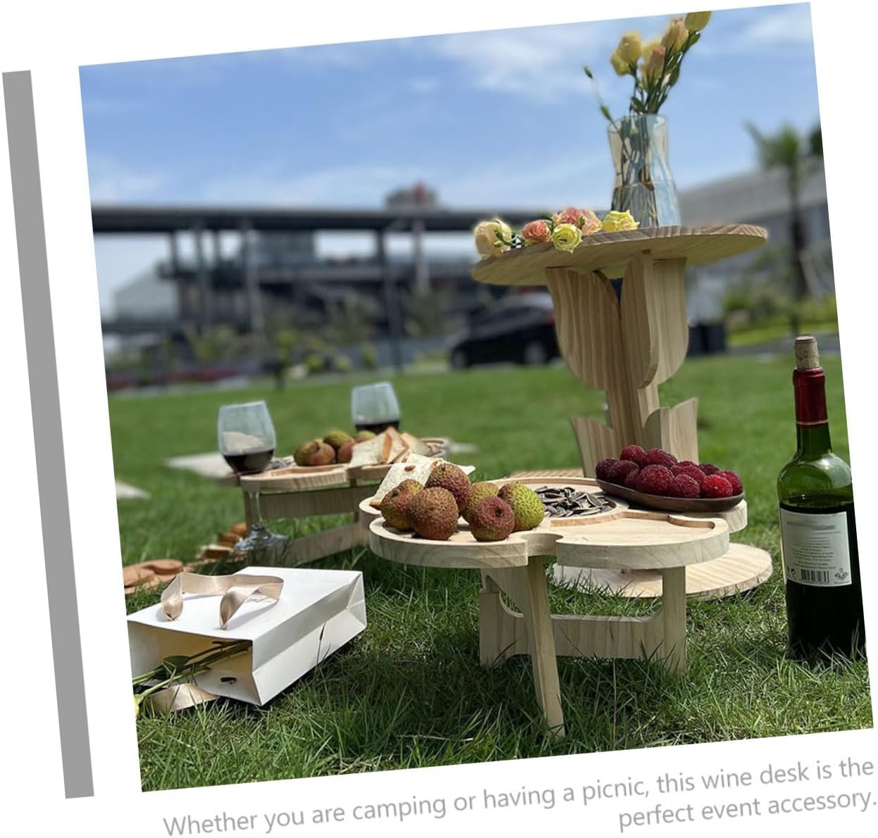 Portable Wooden Folding Wine Table for Outdoor Picnic and Beach Use, 35cm Diameter Flower-Shaped Tray, Lightweight Portable Wine Rack for Camping and BBQ