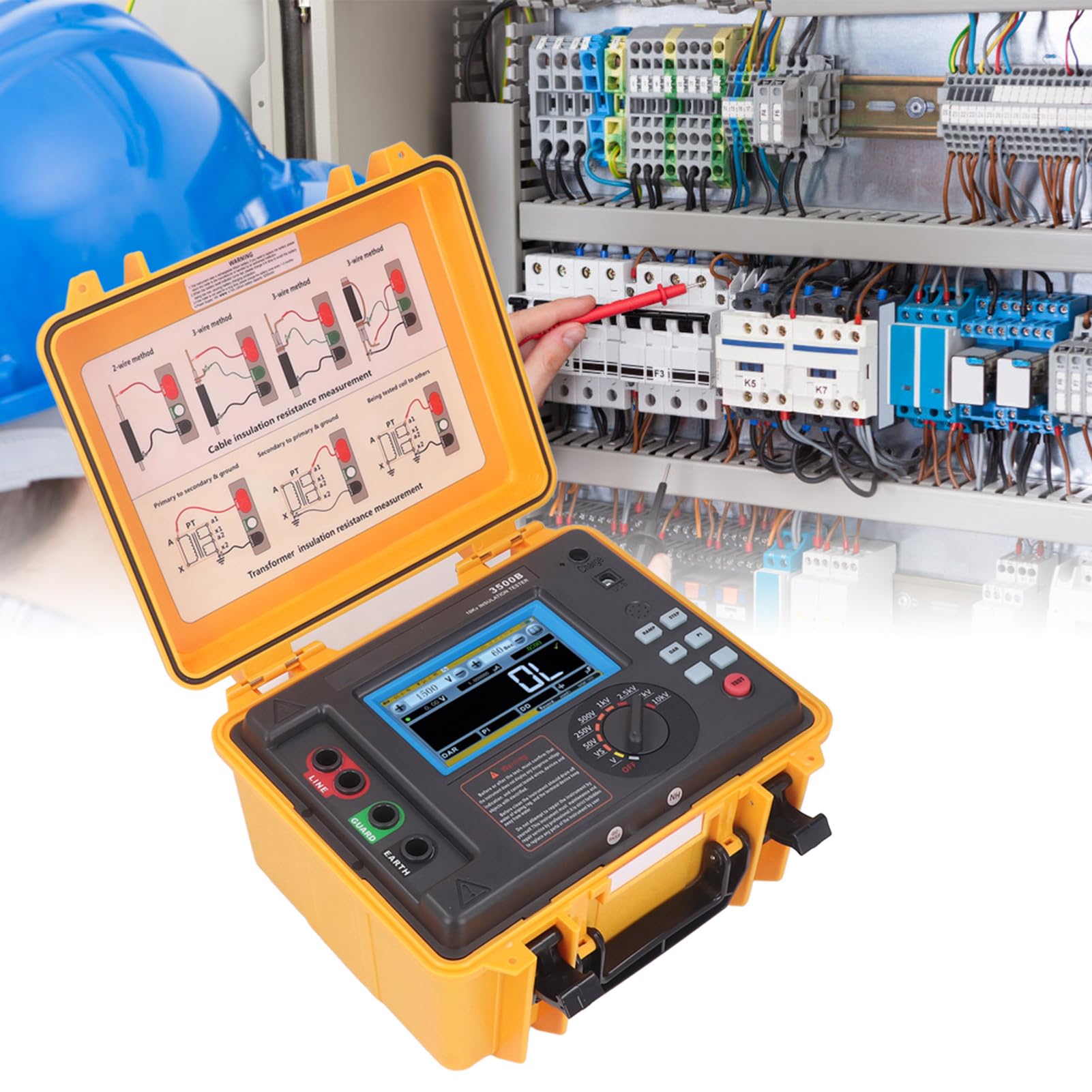 Tester de Resistencia a Aislamiento Digital, Medidor de Megaohm de 0.005m Ω-10.0t Ω, Multímetro Digital Preciso para Pruebas de Voltaje, Caja a Prueba de Agua, Construida en 5200 MAh Batería