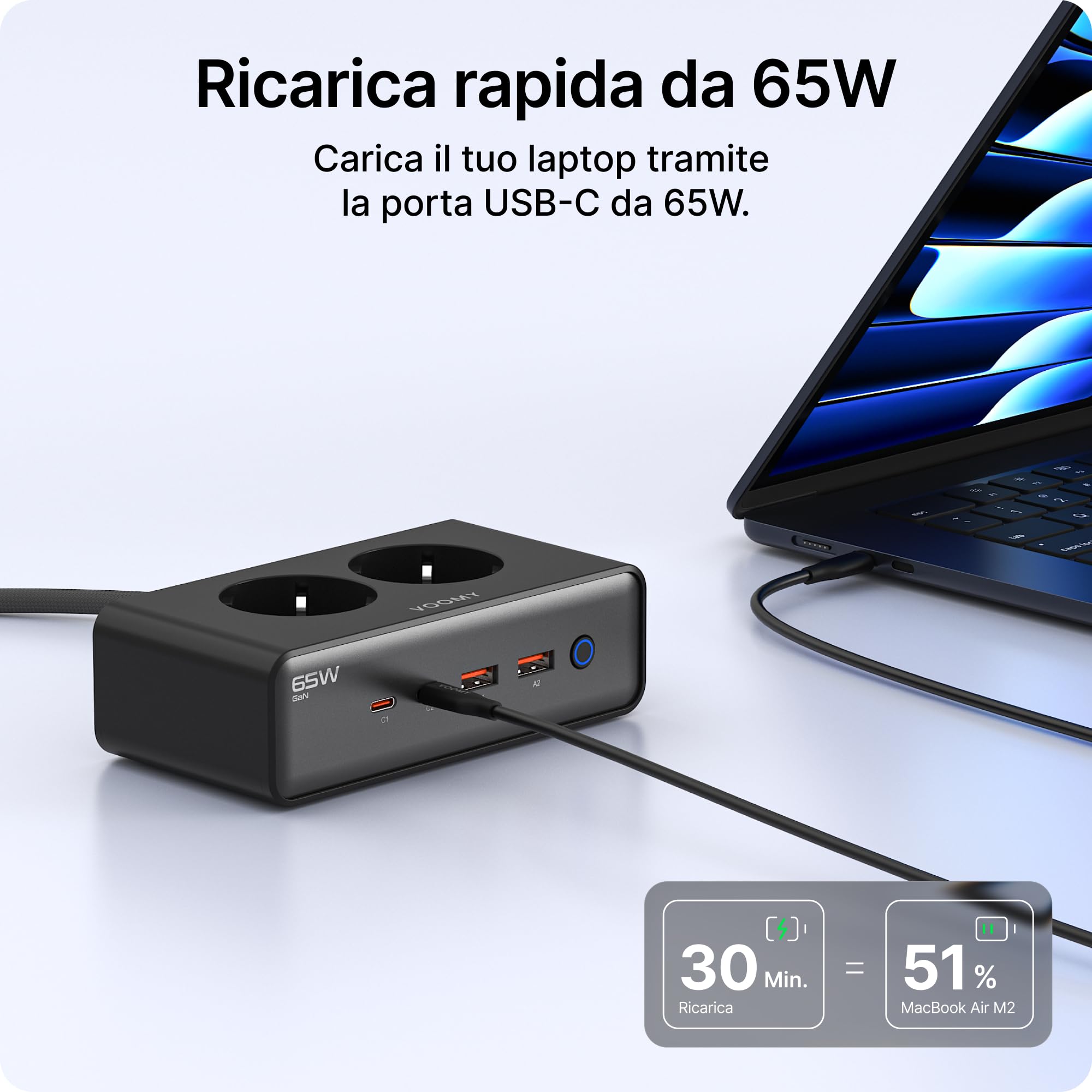 VOOMY Ciabatta Multipresa con 65W Carica Rapida, Presa Multipla Salvaspazio con 2 Spina AC, Ciabatta Multipresa con 2 USB-C & 2 USB-A, Interruttore e Cavo da 2m (Nero, 65W)