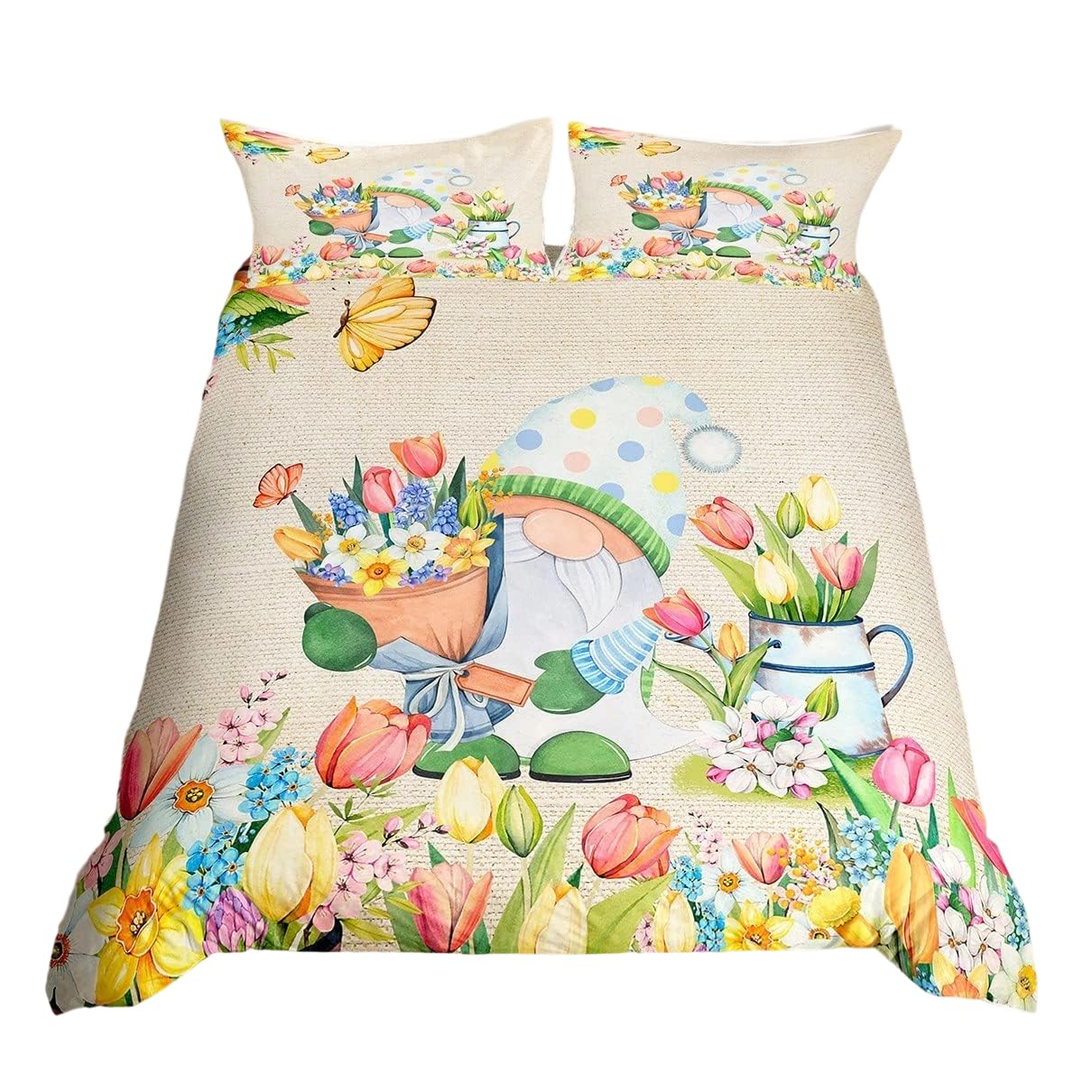 Homewish Spring Gnome Duvet Cover For Kids Boys Girls Pink Tulip Daisy Butterfly Bedding Set Double,Vintage Dwarf Comforter Cover Countryside Flower Plant Bed Cover With 2 Pillow Sham