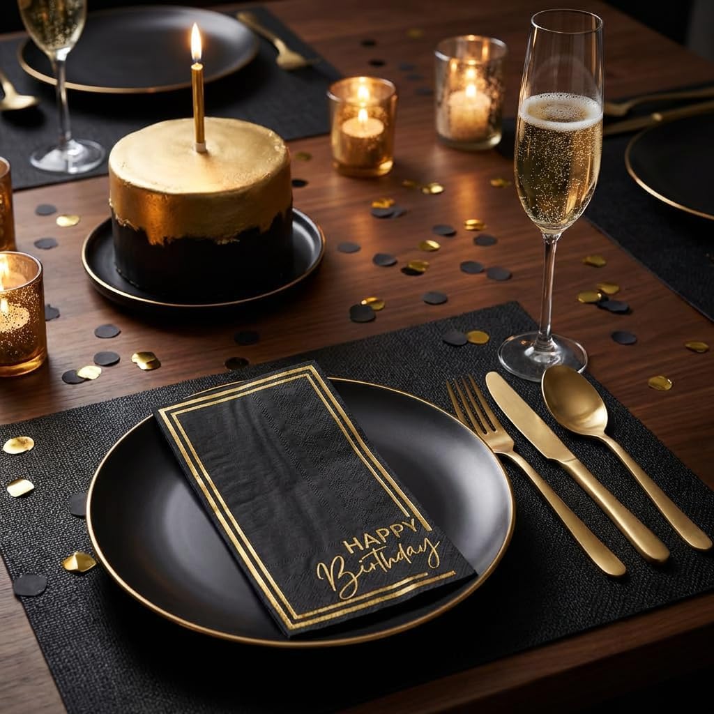 Horaldaily Birthday Disposable Paper Decorative Guest Napkins, Happy Birthday Gold Foil Black Elegent Celebration Hand Towel for Party Lunch Dinner Kitchen Bathroom