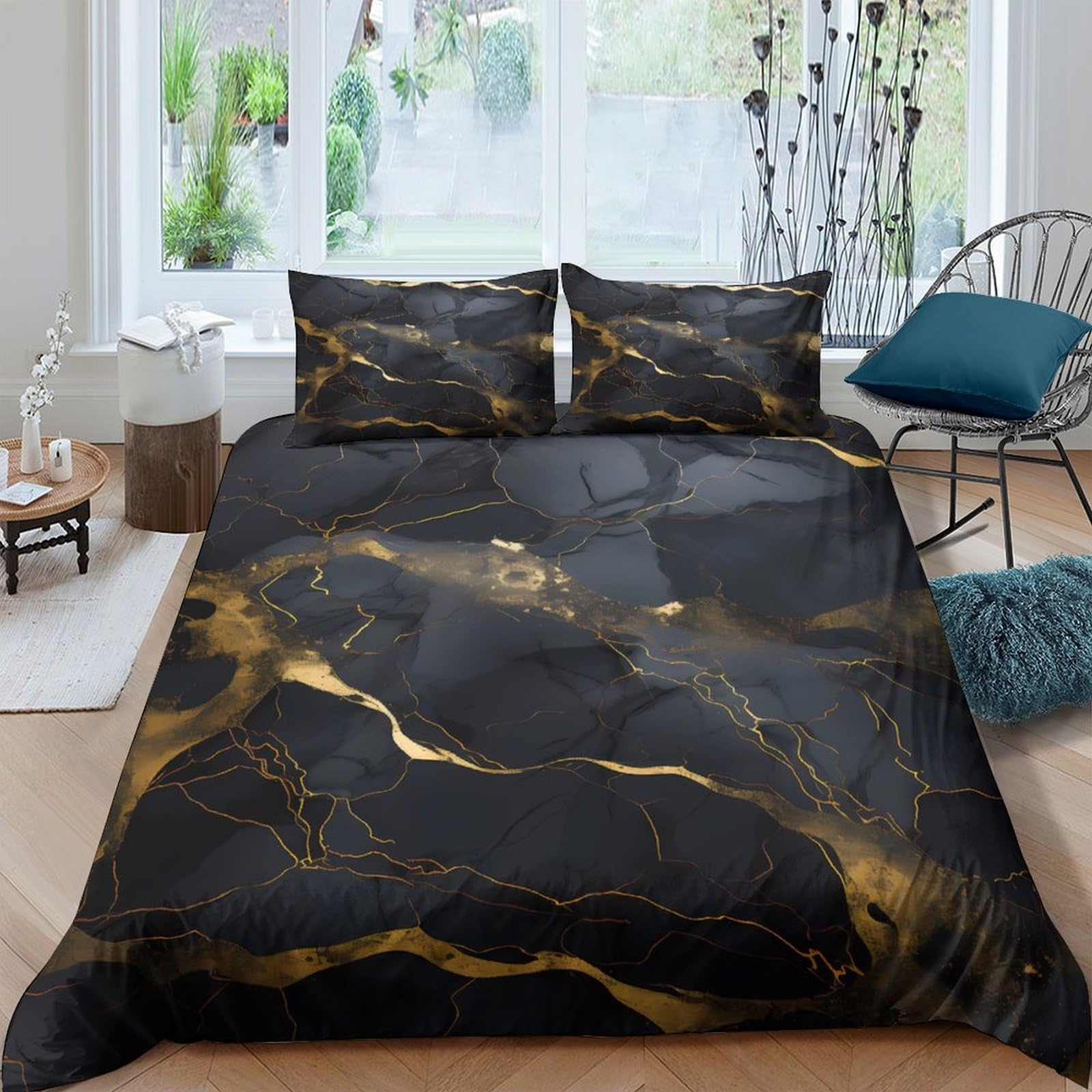 GPLZQXKJNH 3D Printed Black Gold Marble Duvet Cover Microfiber Soft Bedding Set with 2 Pillowcases for Bedroom Home Décor Single（135x200cm）