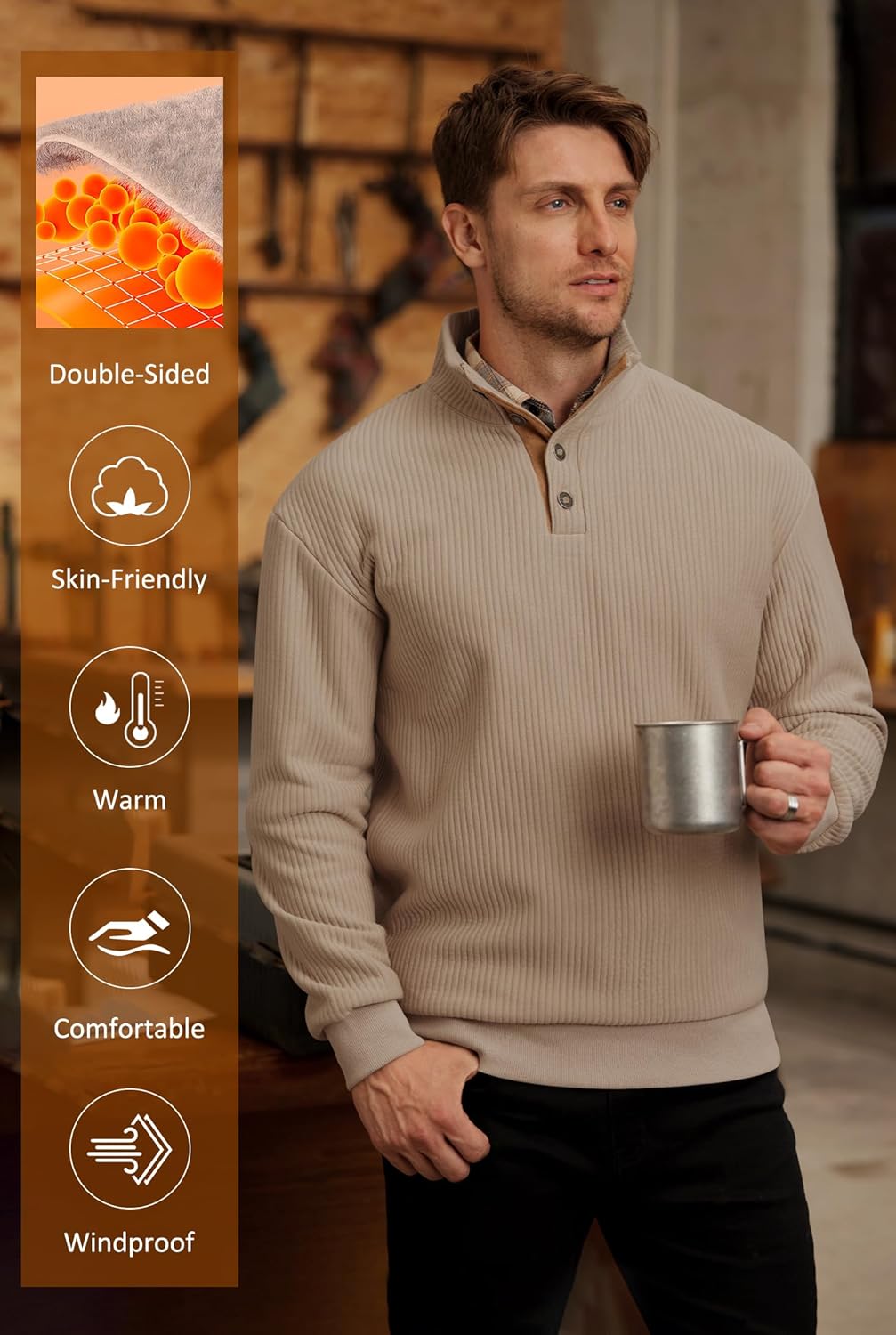 Men's Textured Sweatshirt Fleece Lined Thermal Elbow Patches Heavyweight Pullover Khaki Stripe S - Image 5