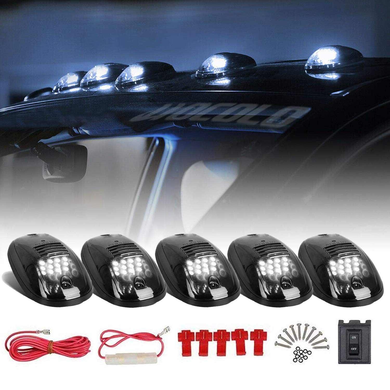 HOCOLO White LED Cab Marker Lights Top Roof Running Lamps LED Bulbs Assembly Clearance Lights (Black Oval Smoked Lens With T10 White Light)