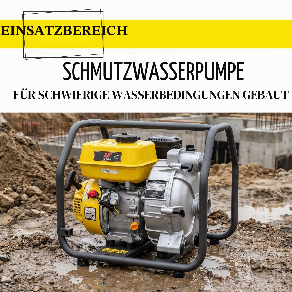 Schmutzwasserpumpe 30.000 l/h Benzin Wasserpumpe 2 Zoll, 28 m Förderhöhe, 5 PS 4-Takt Motor, Hochleistungs Entwässerungspumpe für Baustelle & Überschwemmung WASPPER WP20D-P