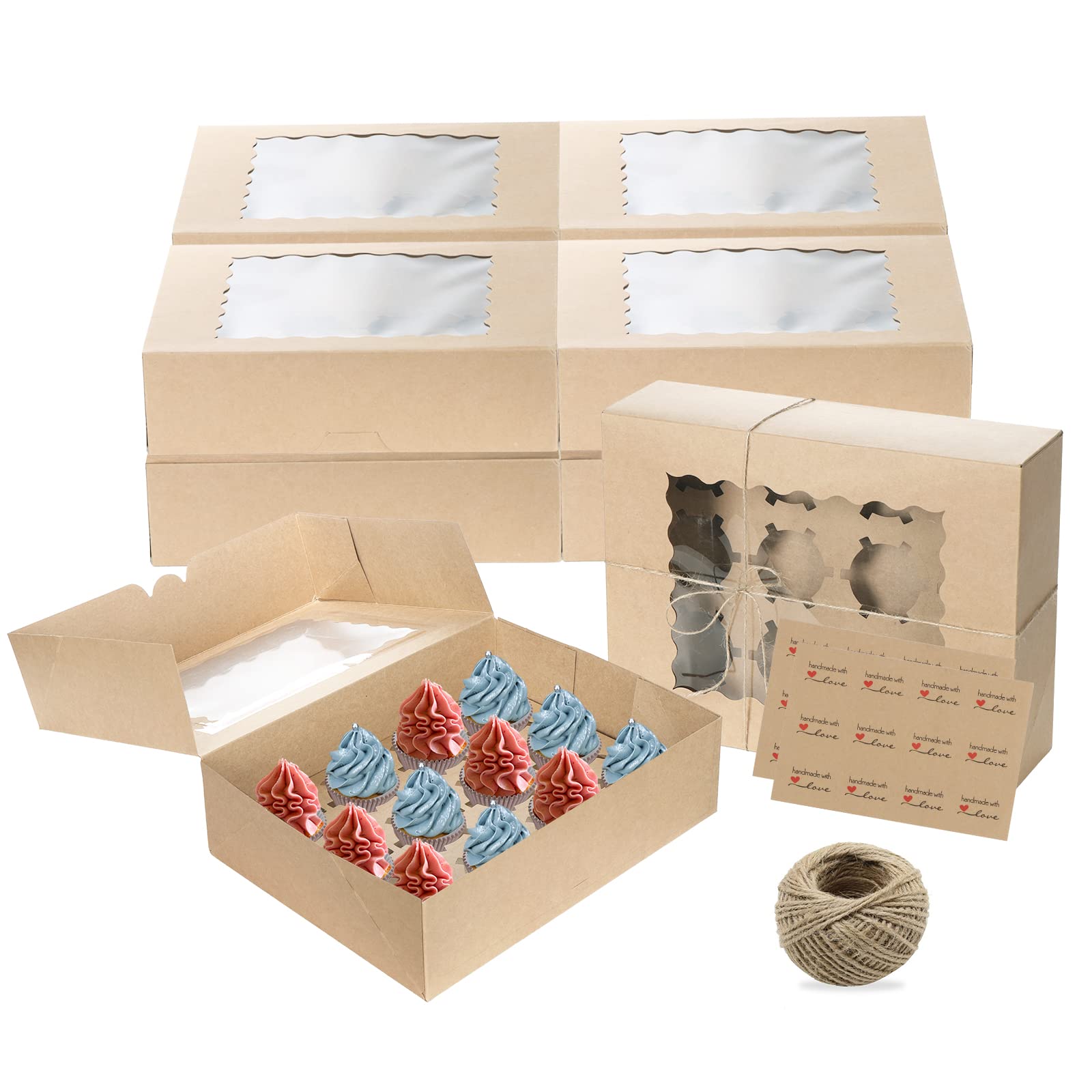 10PCS Pop Up Kraft Cupcake Boxes 12 Hole with Window, Reusable Cardboard Cake Boxes for Cupcake Muffin Treat, Disposable Paper Bakery Boxes Gift Boxes for Home Baker Wedding Birthday Christmas