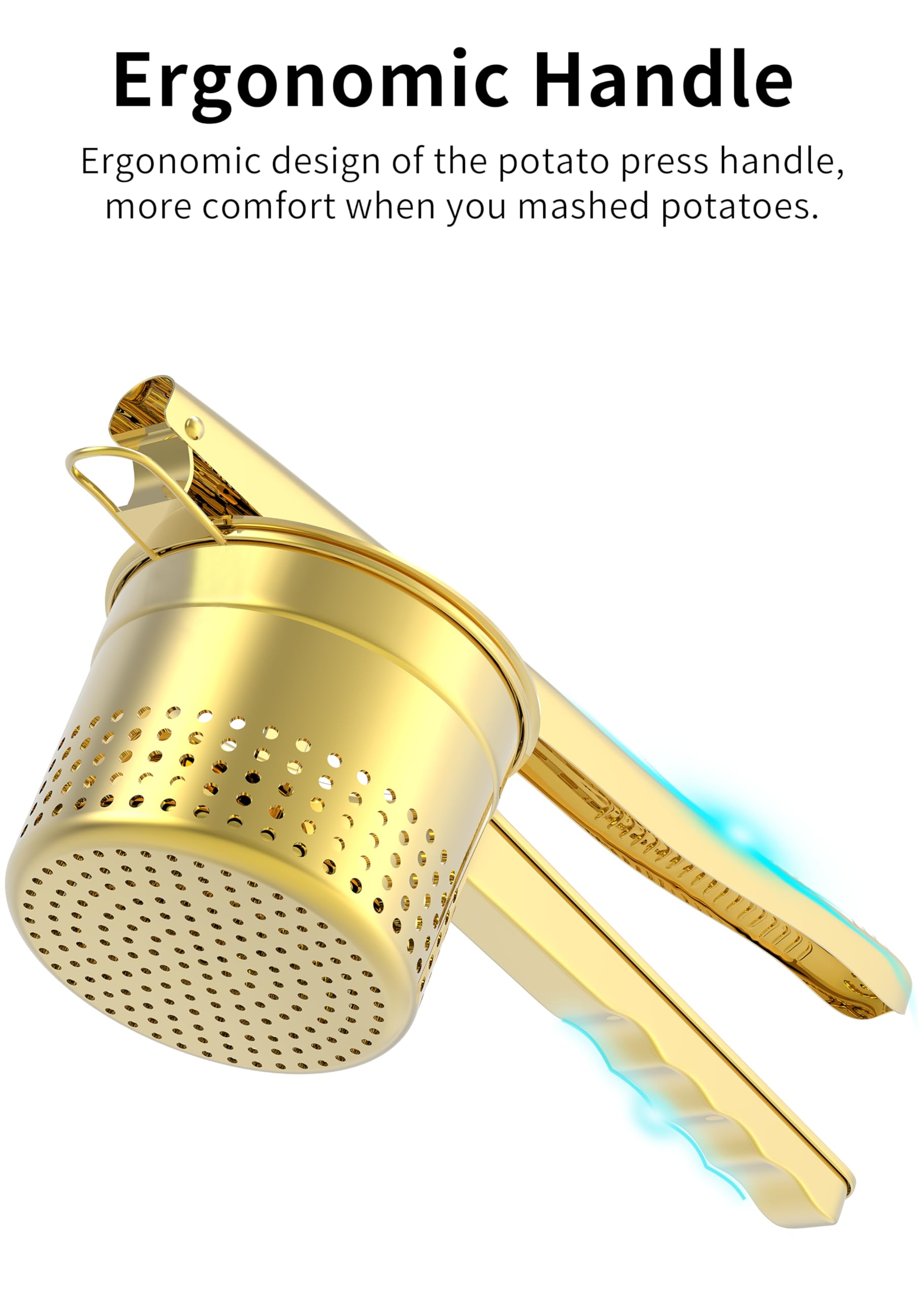 GloTika Großer 425 ml Kartoffelpresse Stampfer, robuster Edelstahl-Kartoffelstampfer mit ergonomischem Griff, Stampfer und Presse, Küchenwerkzeug für Kartoffelbrei, Nudelmacher, Gold