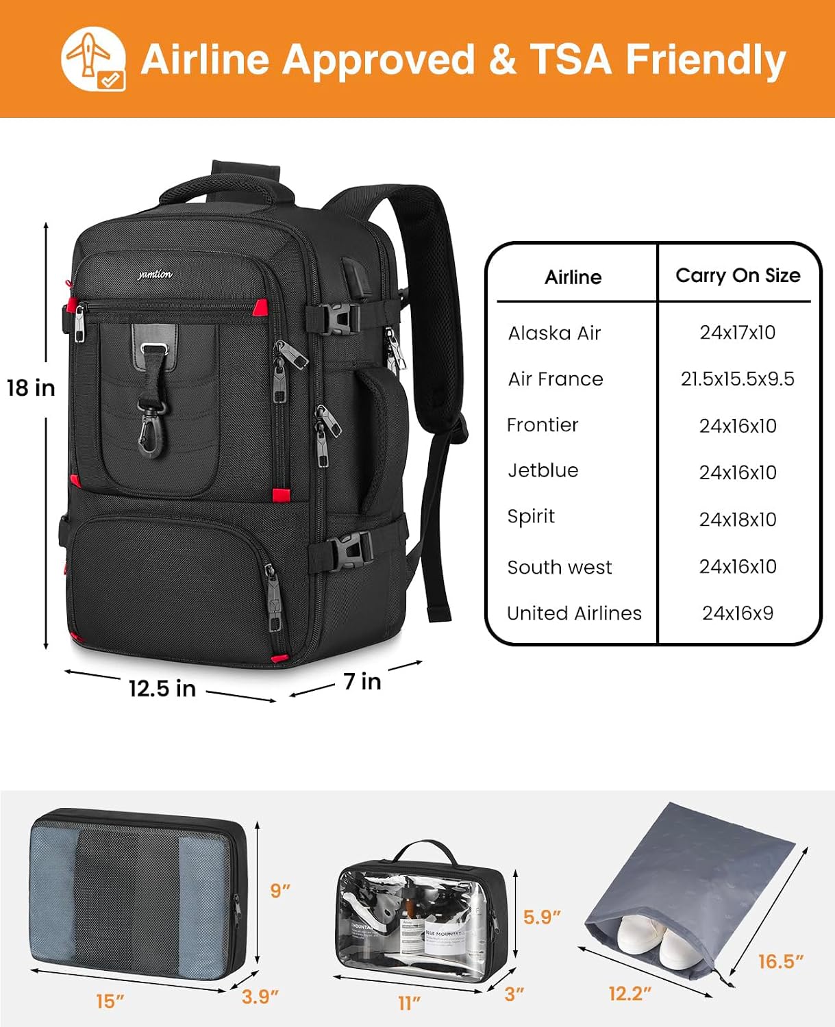 YAMTION Carry On Backpack for Men,Travel Backpack with 3 Packing Cubes for Women,Laptop Backpack Airline Approved Weekender Bag Mochila Viaje para Hombres