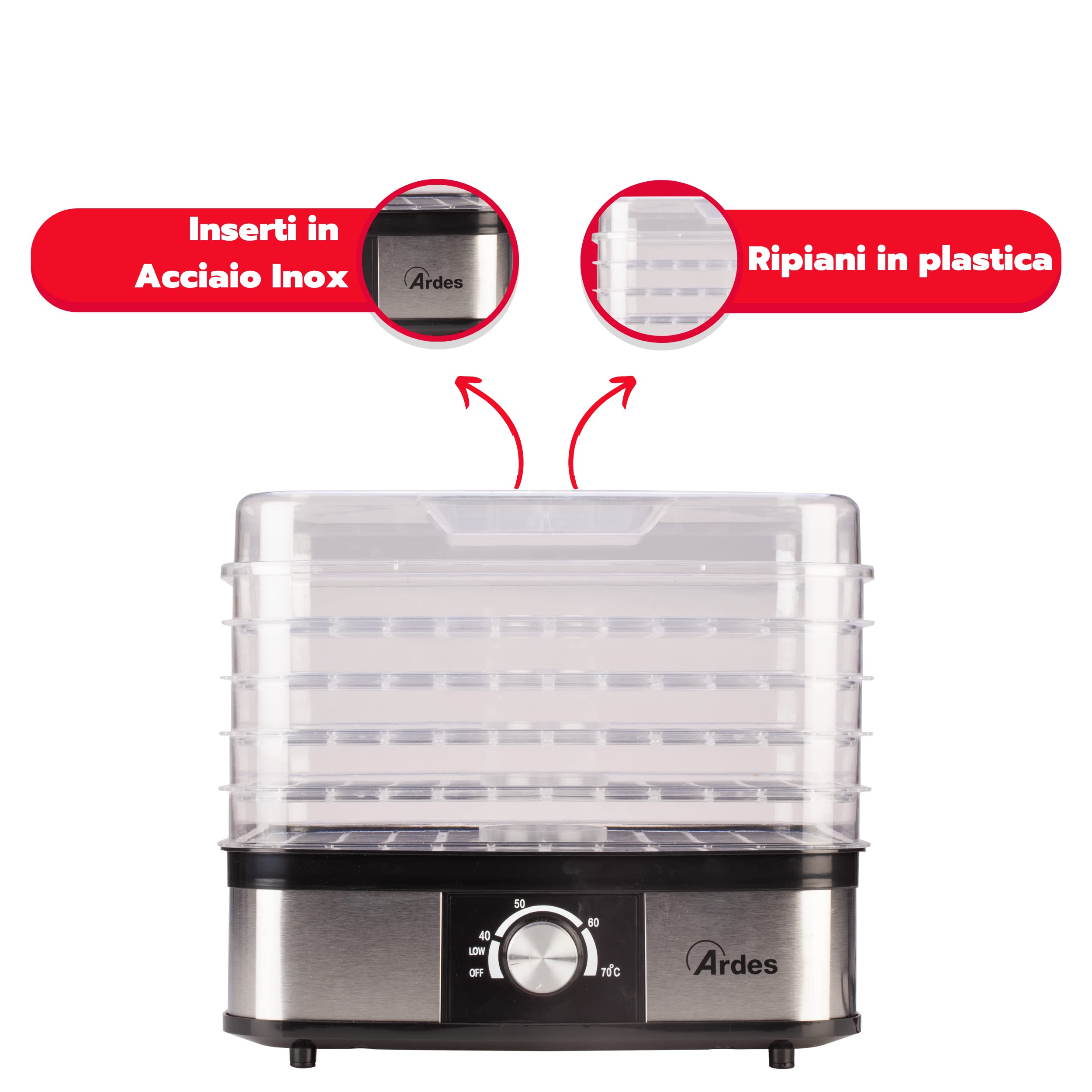 ARDES | AR1K15 Essiccatore Alimentare per Frutta Verdura Funghi Disidratazione Rapida - 5 Ripiani Lavabili, Temperatura Regolabile, 245 W, Plastica