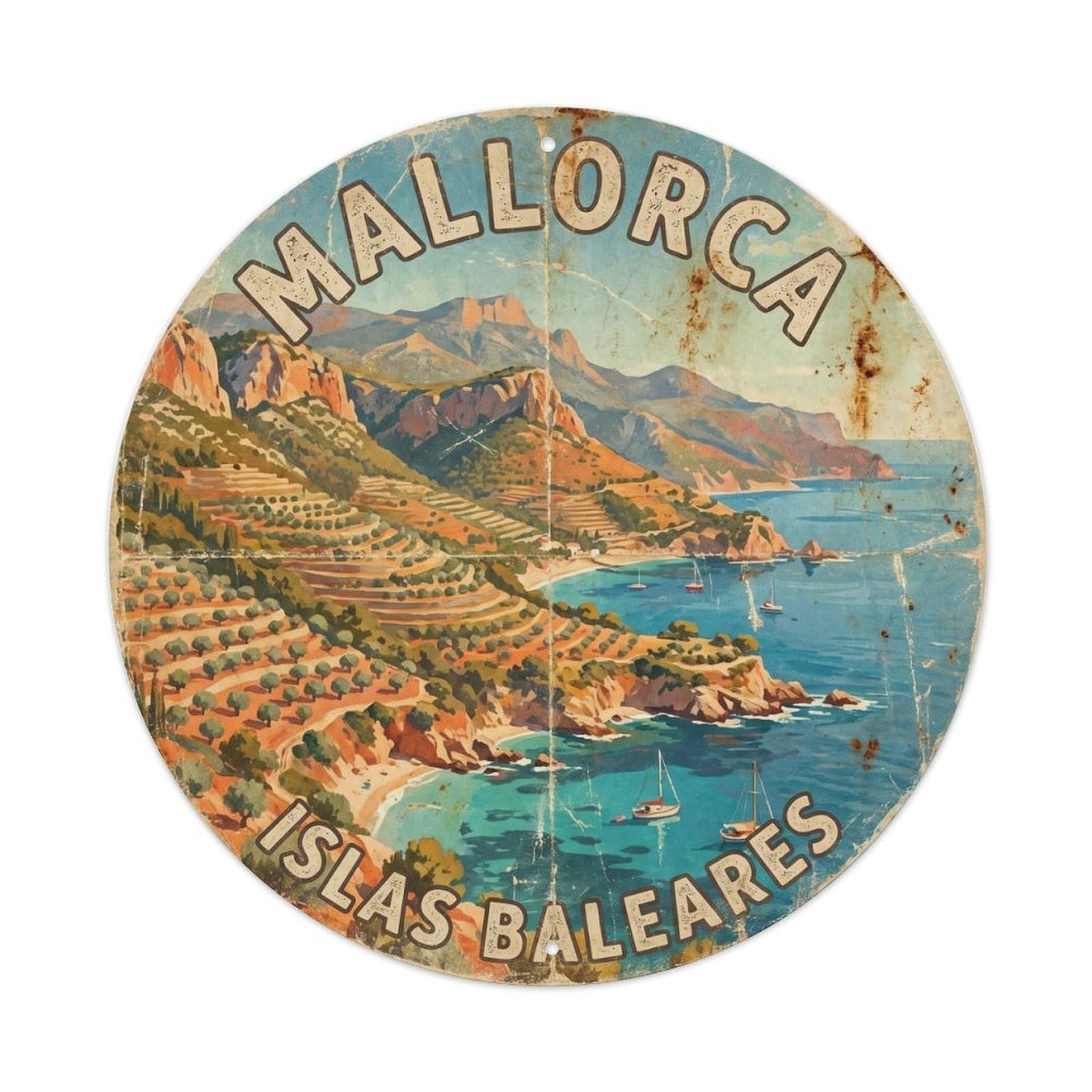 Vintage Travel Mallorca Island Spain Metal Tin Sign Plaque Wall Decor for Cafe, Club Bar, Office, Home Garden Round Metal Poster 8x8Inch