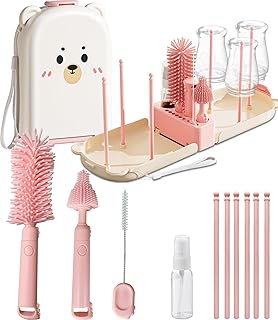6-in-1 Portable Baby Bottle Cleaner Kit with Drying Rack and Travel Case (Pink)
