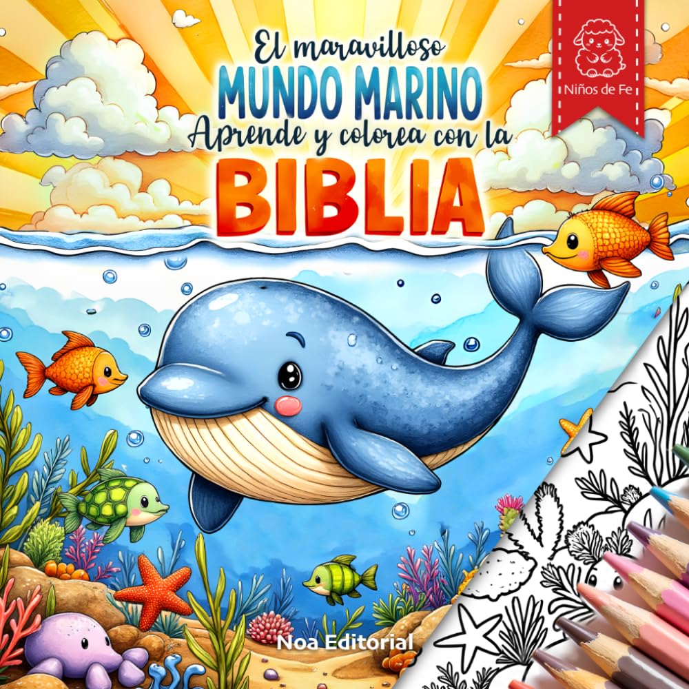 El maravilloso muno marino - aprende y colorea con la Biblia: Libro para colorear cristiano con 45 criaturas marinas y versículos bíblicos