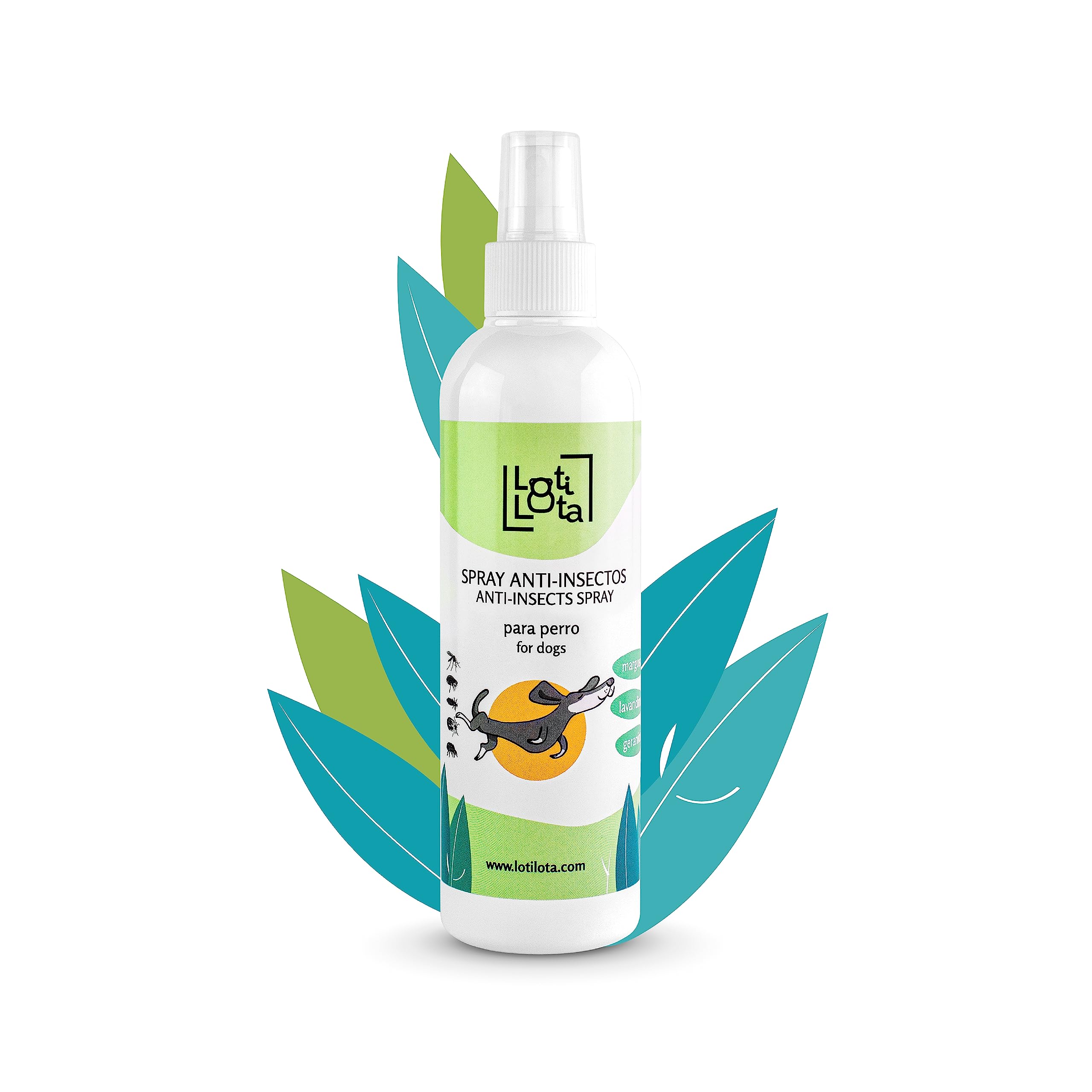 LOTI LOTA Spray Anti-Insectos para PERROS - 250 ml - Extractos Naturales - Margosa, Geraniol y Lavandino