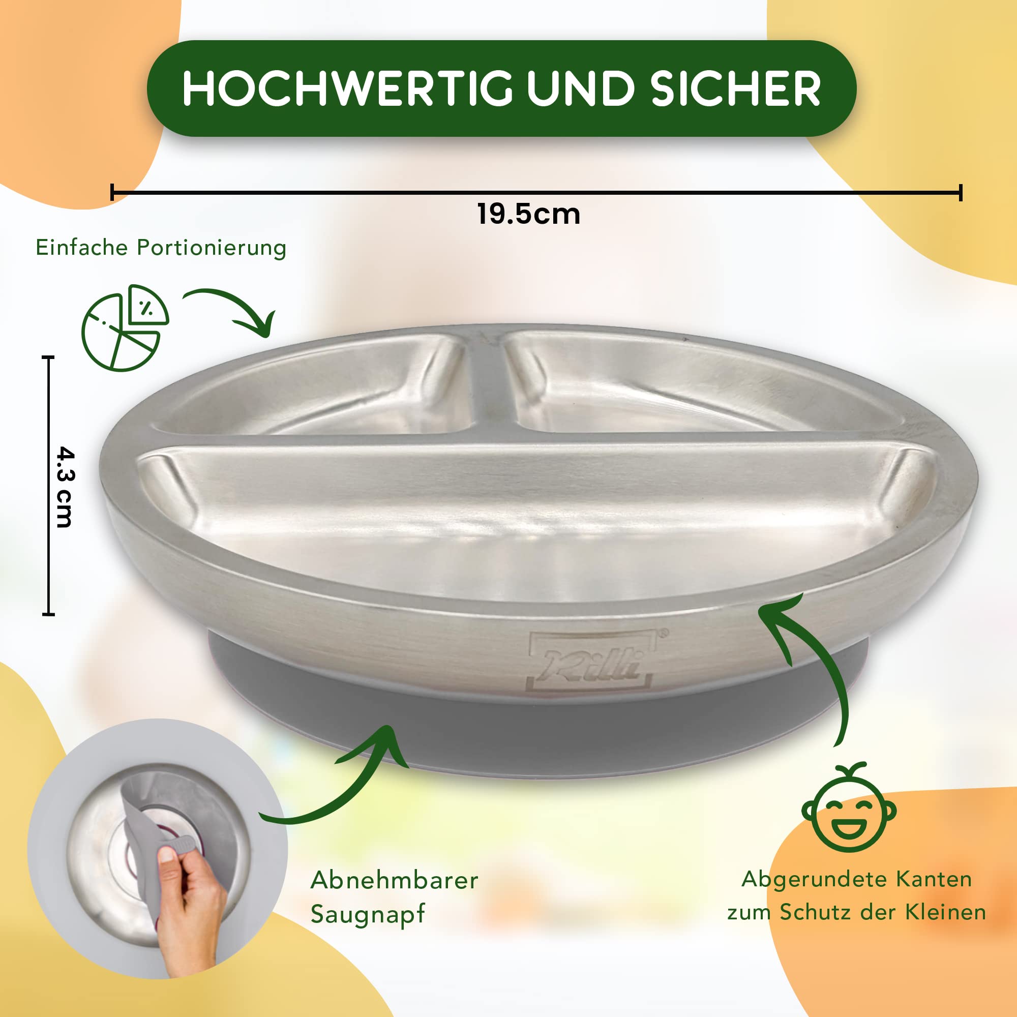 Rilli Assiette à ventouse en acier inoxydable - Vaisselle antidérapante pour bébé - Vaisselle à ventouse pour bébé (gris)