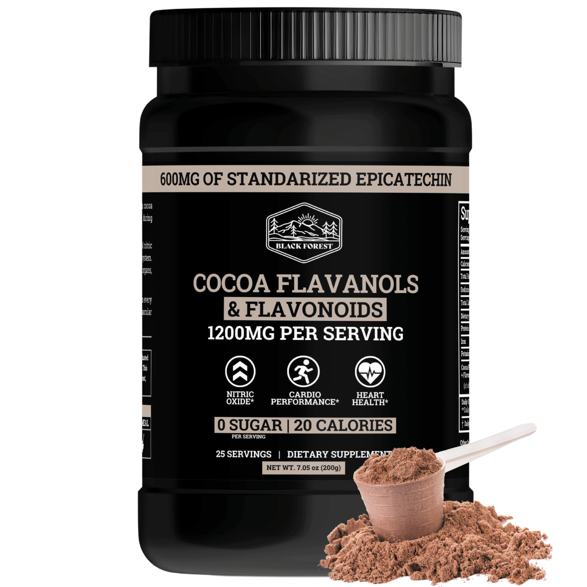 Black Forest High Flavanol Cocoa Powder (1200mg Cocoa Flavanols & Flavonoids Supplements) 10X More Flavanols (Epicatechin) Than Cocoa & 600mg of Epicatechin Supplement for Heart Health, Nitric Oxide & Energy