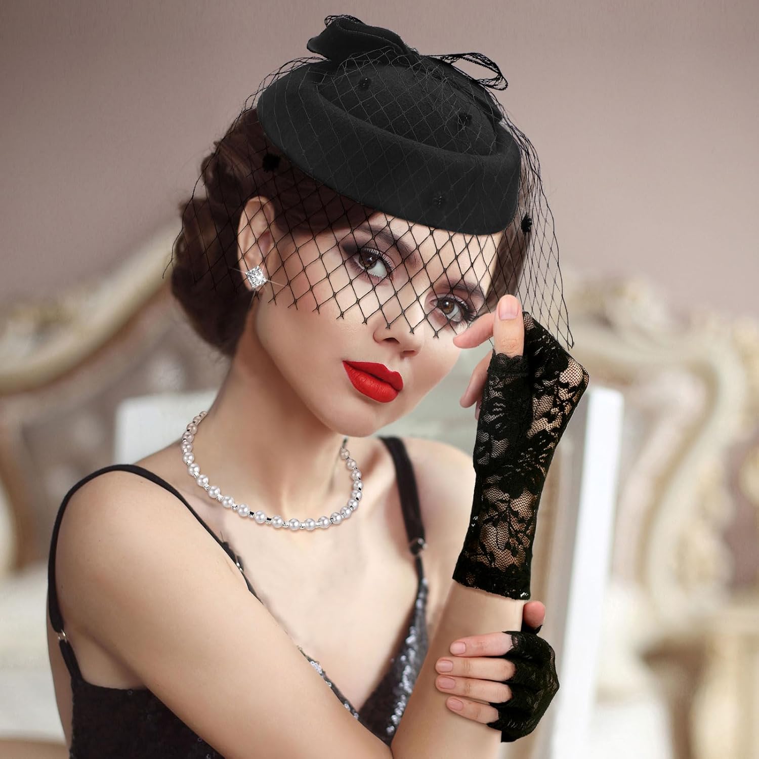 Bencailor 50s Fascinator Hat for Women Funeral Veil Hats Set Mesh Headpiece and Lace Glove Necklace Earring for Tea Party Cocktail - Image 2