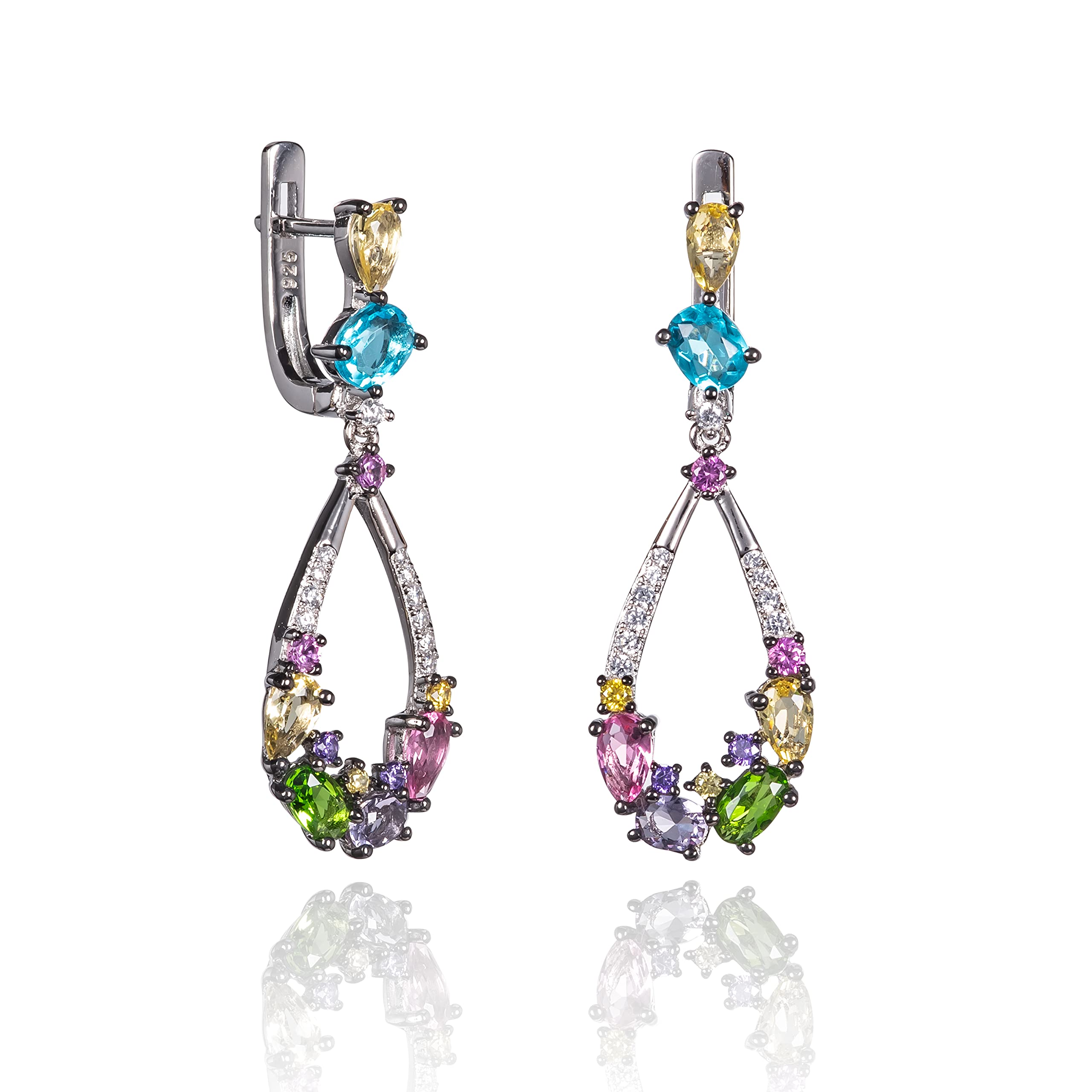 Namana Bunte Tropfenohrringe für Damen. Lange Ohrringe aus 925er Sterlingsilber für Frauen mit mehrfarbigen Steinen und Zirkonia-Edelsteinen. Bunte hängende Ohrringe in Sterling Silber