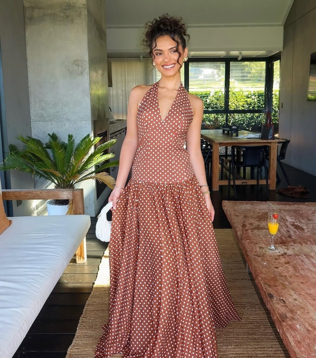 Women's Polka Dot Maxi Dress Halter Neck Sleeveless Drop Waist Flowy Summer Wedding Beach Sundress - Image 2