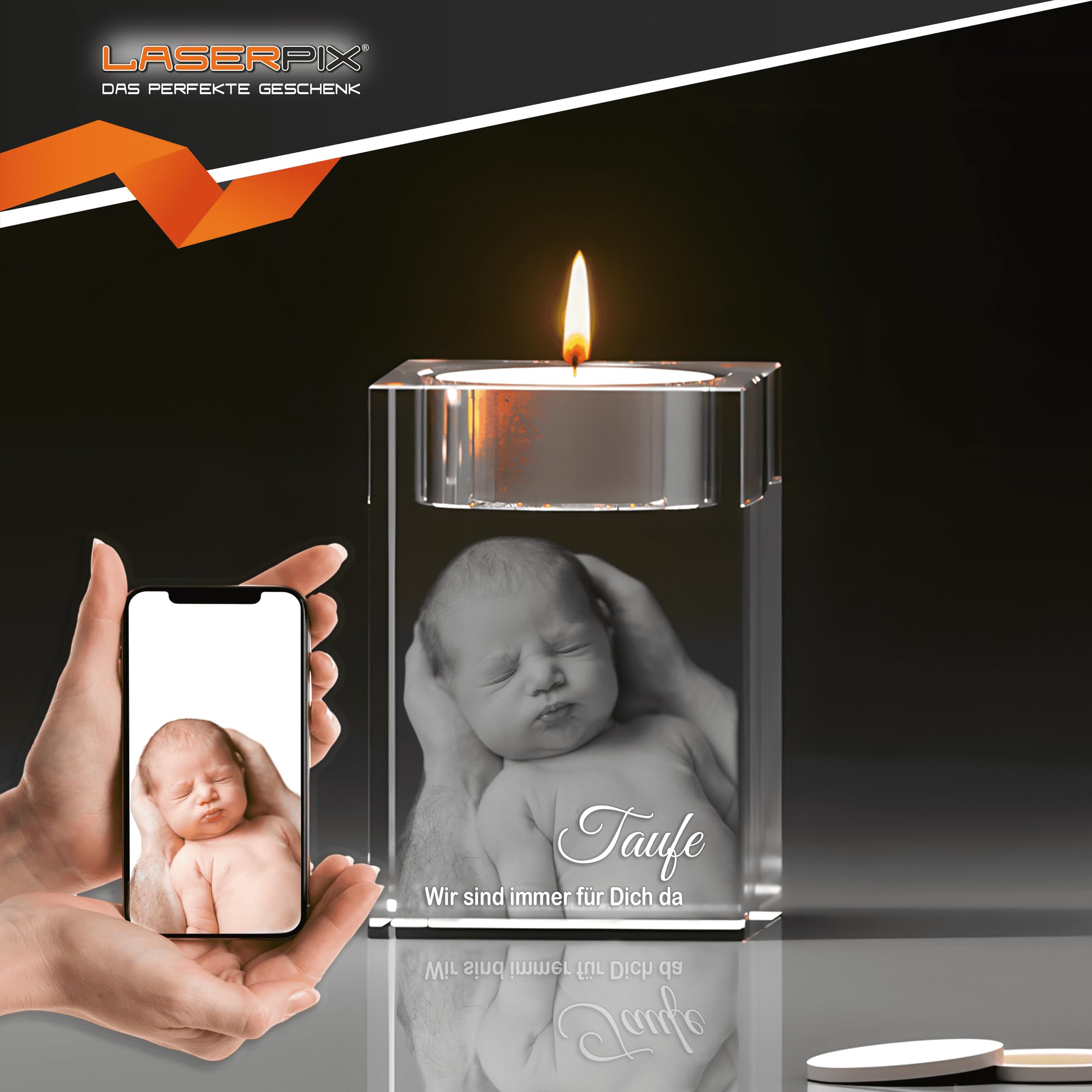 3D Taufkerze in Glas – Personalisierte Gravur mit Teelicht, Erinnerungsgeschenk zur Taufe, 3D-Foto, emotionales Geschenk, lebenslange Freude