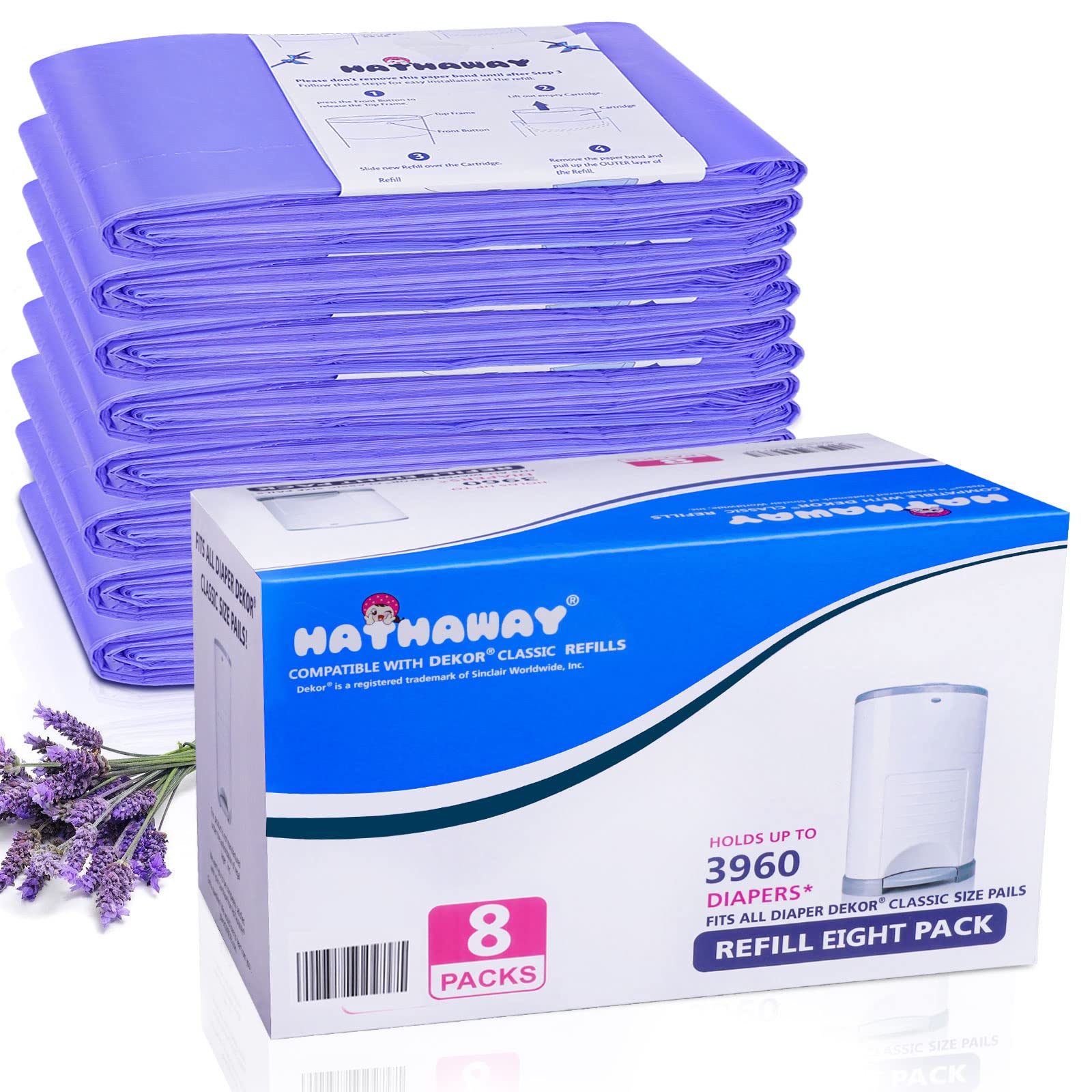 RUZAKORefills Compatible with Dekor Classic Diaper Pail Refills 8 Pack Diaper Pail Liners Lavender Scent